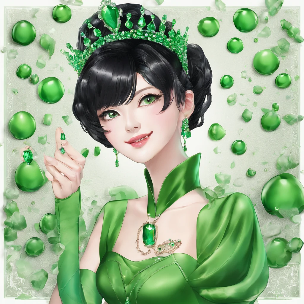 emerald tiara, Green Pearl Necklace, Boyish very short black hair, lipsticks, Japan woman smiling, Long green gloves made of satin material, very short short hair, Guts Pose, Green eyes, big breasts beautiful, Right thumbs up, Green Pearl Necklace, Green dress