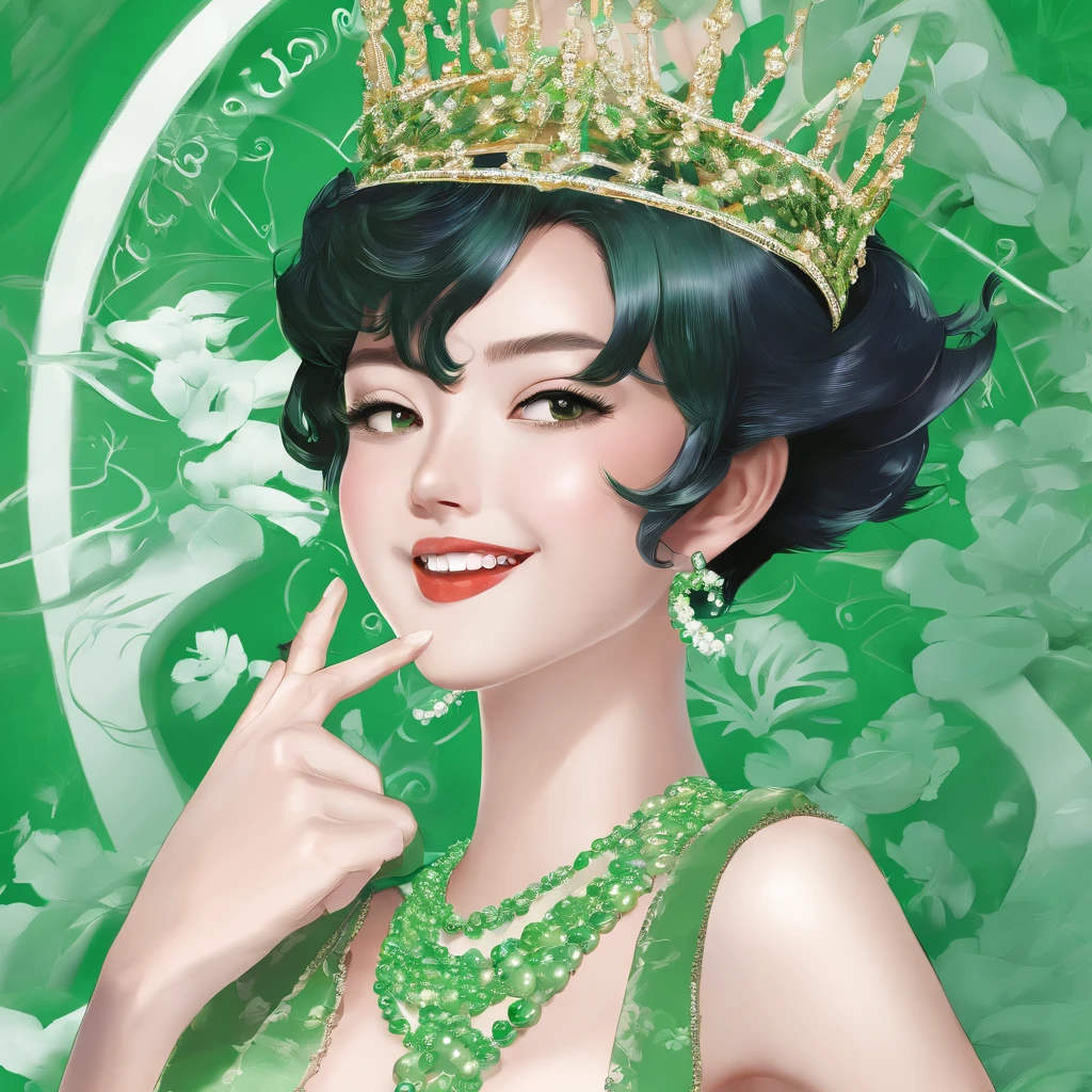 emerald tiara, Green Pearl Necklace, Boyish very short black hair, lipsticks, Japan woman smiling, Long green gloves made of satin material, very short short hair, Guts Pose, Green eyes, big breasts beautiful, Right thumbs up, Green Pearl Necklace, Green dress