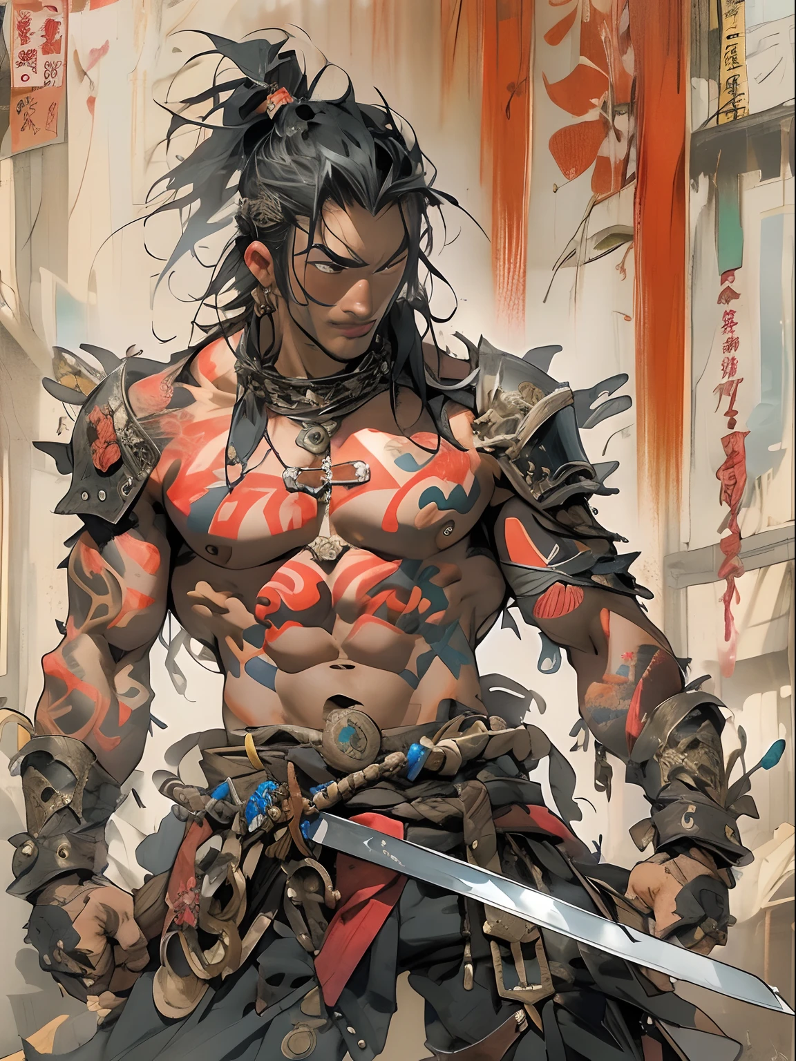 (((mtu))), (((best qualityer))), (((tmasterpiece))), (((AS-Adult))), ((( Japanese ))), Look up from your knees, Handsome Asian samurai,perfect body figure, Modern samurai, ((( Asian))), Wear gloves on your hands,The left arm is made of steel and metal tips,Made of protective devices, The eyes are pulled, (( Appears below the chest )), (( Small dental floss )), Simon Bisley, Almost naked(Simon Bisley)Castle City Wilderness,For high-resolution posters, hair straight, Minimum clothing, armure (Crazy clothes ), Full of tips and rivets, tribal tattoos, (((full bodyesbian))), Straight brunette hair,Colored hair ends