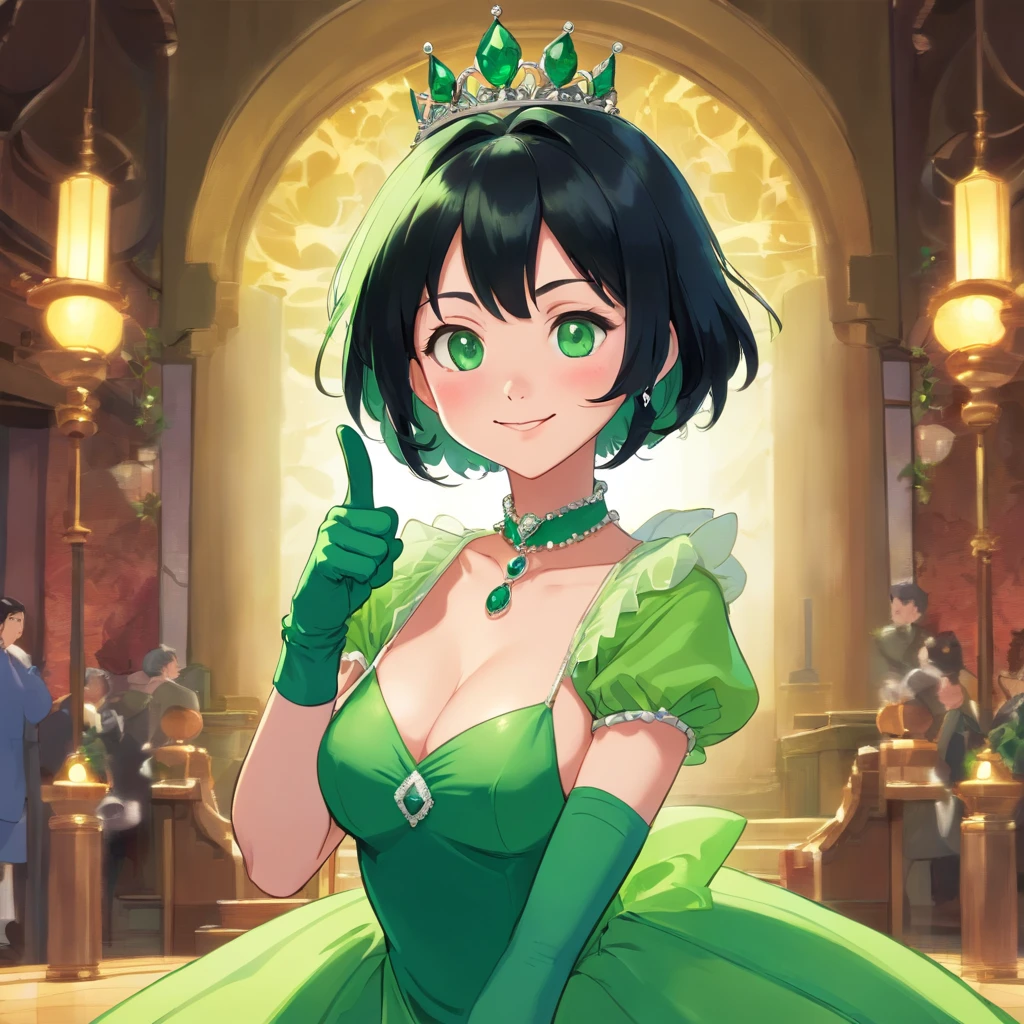 emerald tiara, Green Pearl Necklace, Boyish very short black hair, lipsticks, Japan woman smiling, Long green gloves made of satin material, very short short hair, Guts Pose, Green eyes, big breasts beautiful, Right thumbs up, Green Pearl Necklace, Green dress