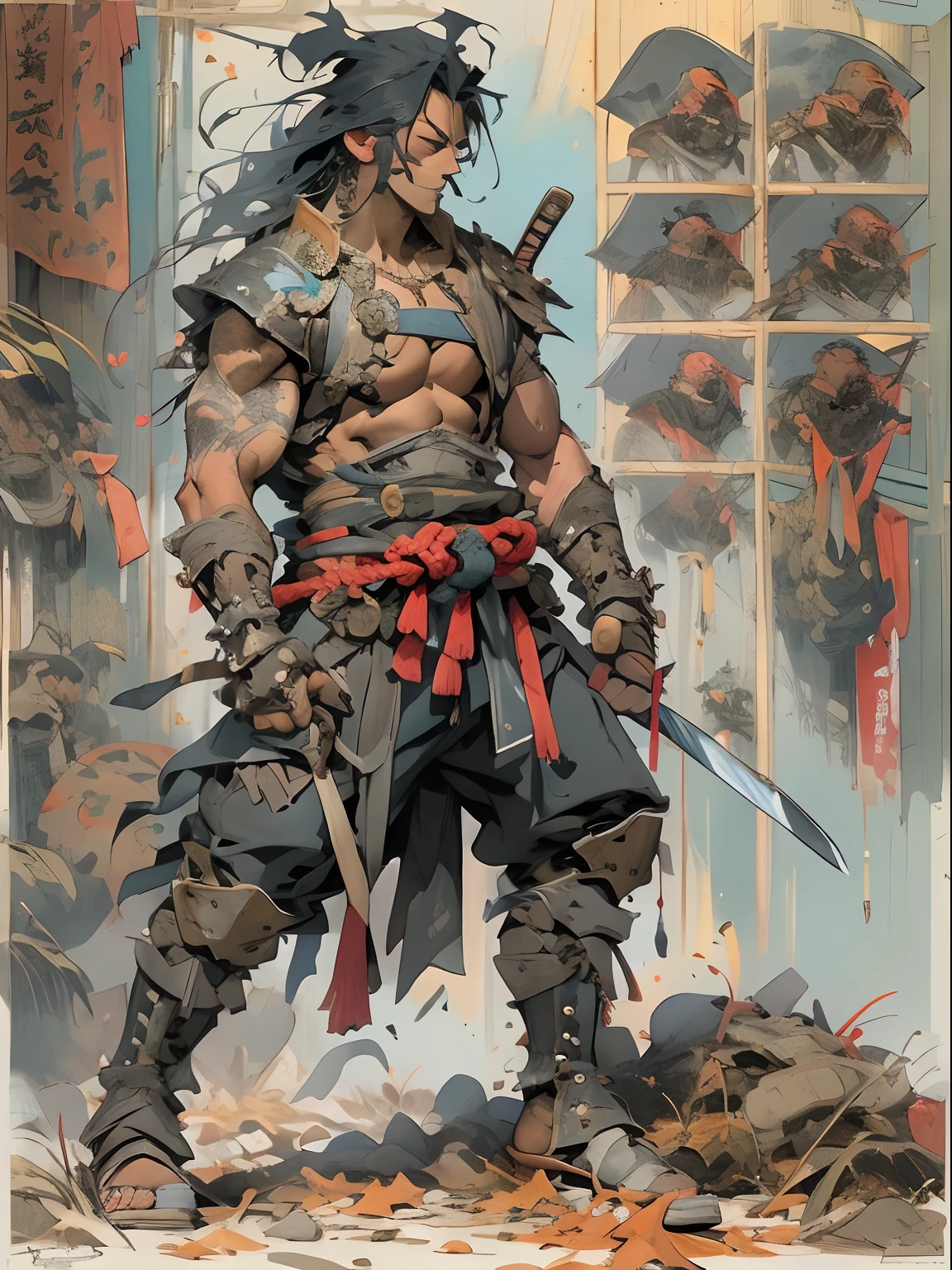 (((mtu))), (((best qualityer))), (((tmasterpiece))), (((AS-Adult))), ((( Japanese ))), Look up from your knees, Handsome Asian samurai,perfect body figure, Modern samurai, ((( Asian))), Wear gloves on your hands,The left arm is made of steel and metal tips,Made of protective devices, The eyes are pulled, (( Appears below the chest )), (( Small dental floss )), Simon Bisley, Almost naked(Simon Bisley)Castle City Wilderness,For high-resolution posters, hair straight, Minimum clothing, armure (Crazy clothes ), Full of tips and rivets, tribal tattoos, (((full bodyesbian))), Straight brunette hair,Colored hair ends