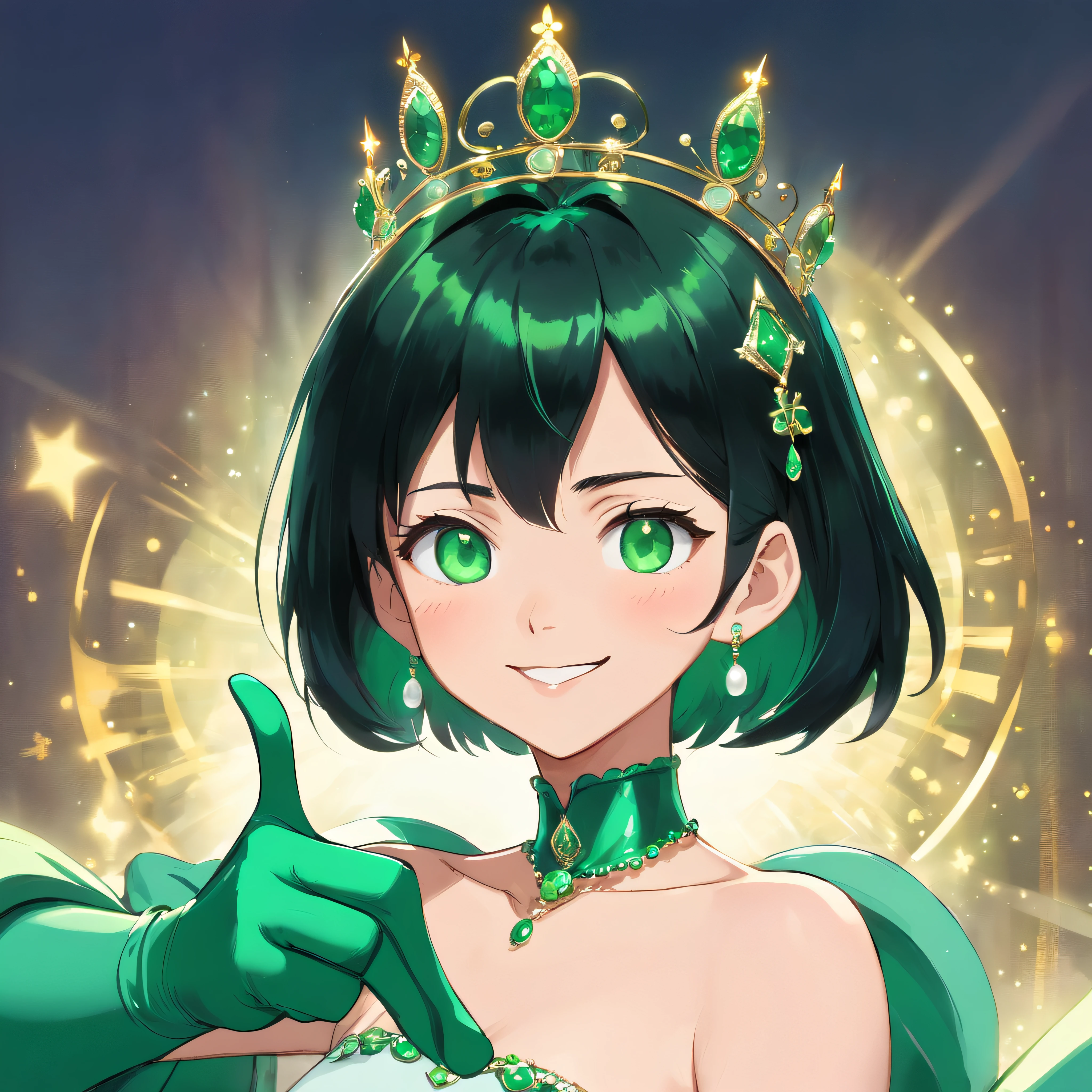 emerald tiara, Green Pearl Necklace, Boyish very short black hair, lipsticks, Japan woman smiling, Long green gloves made of satin material, very short short hair, Guts Pose, Green eyes, big breasts beautiful, Right thumbs up, Green Pearl Necklace