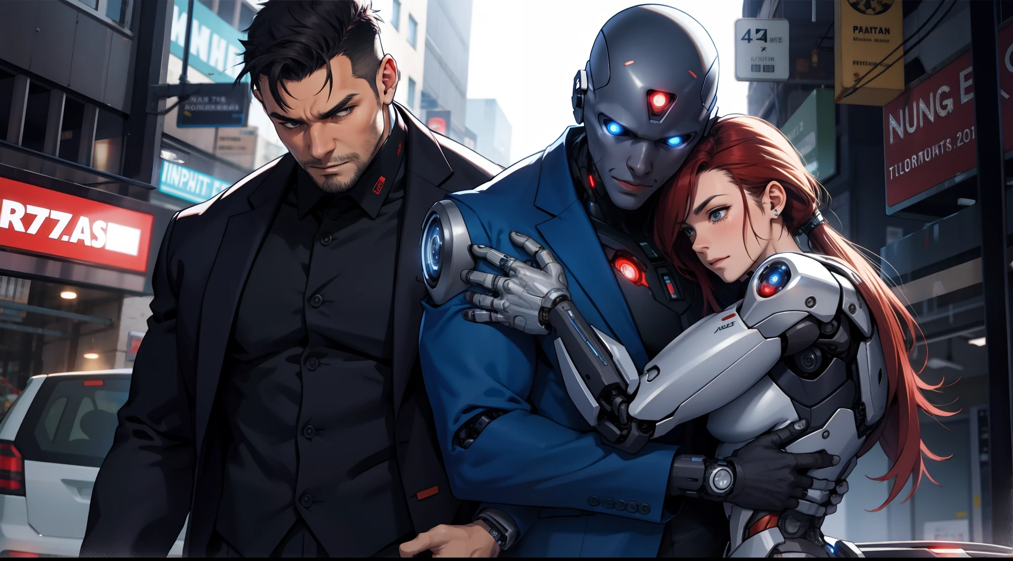 (a man (suit)) hugs (a cyborg woman)