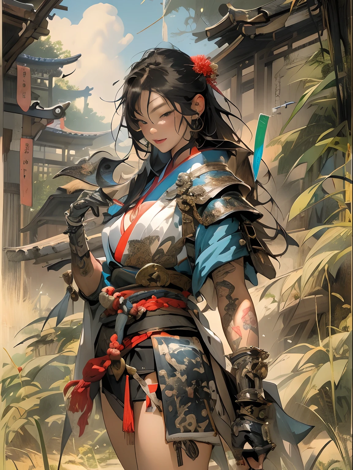(((woman))), (((best qualityer))), (((tmasterpiece))), (((AS-Adult))), ((( Japanese ))), Look up from your knees, A beautiful asian samurai woman with perfect body, Modern samurai, ((( Asian))), Wear gloves on your hands,The left arm is made of steel and metal tips,Made of protective devices, The eyes are pulled, (( Appears below the breast )), (( Small dental floss )), Simon Bisley, Almost naked(Simon Bisley)Castle City Wilderness,For high-resolution posters, hair straight, Minimum clothing, armure (Crazy clothes ), Full of tips and rivets, tribal tattoos, (((full bodyesbian))), Straight brunette hair,Colored hair ends