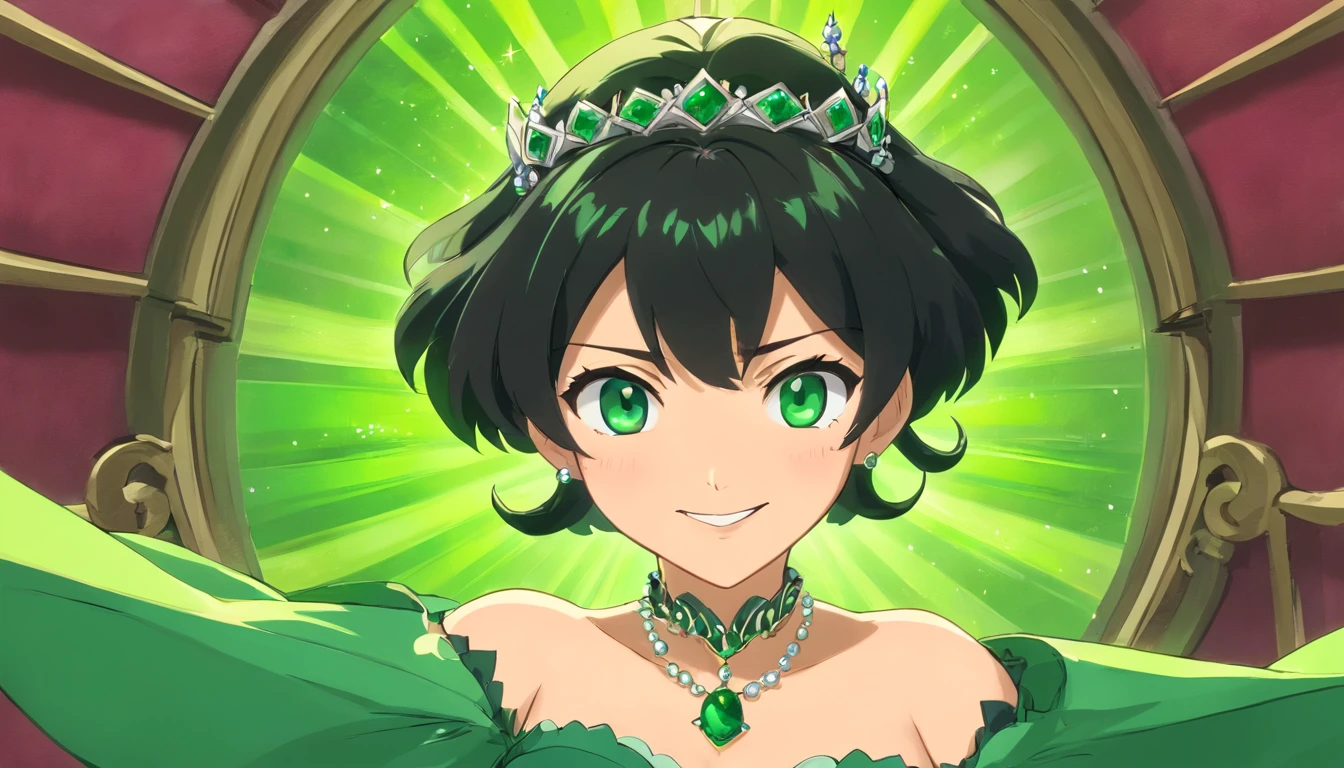 emerald tiara, Green Pearl Necklace, Boyish very short black hair, lipsticks, Japan woman smiling, Long green gloves made of satin material, very short short hair, Guts Pose, Green eyes, big breasts beautiful, Right thumbs up, Green Pearl Necklace, Green dress