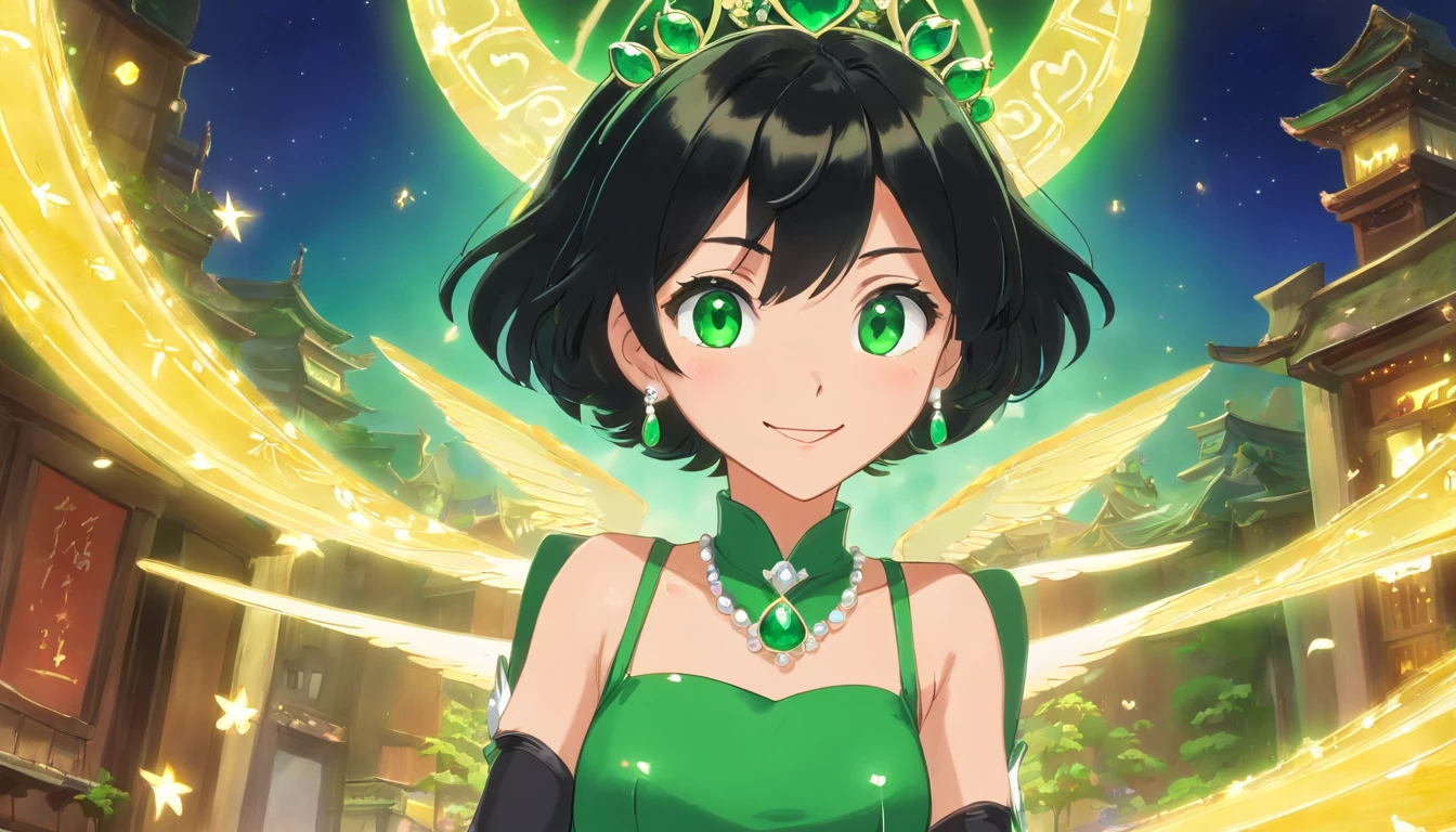 emerald tiara, Green Pearl Necklace, Boyish very short black hair, lipsticks, Japan woman smiling, Long green gloves made of satin material, very short short hair, Guts Pose, Green eyes, big breasts beautiful, Right thumbs up, Green Pearl Necklace, Green dress