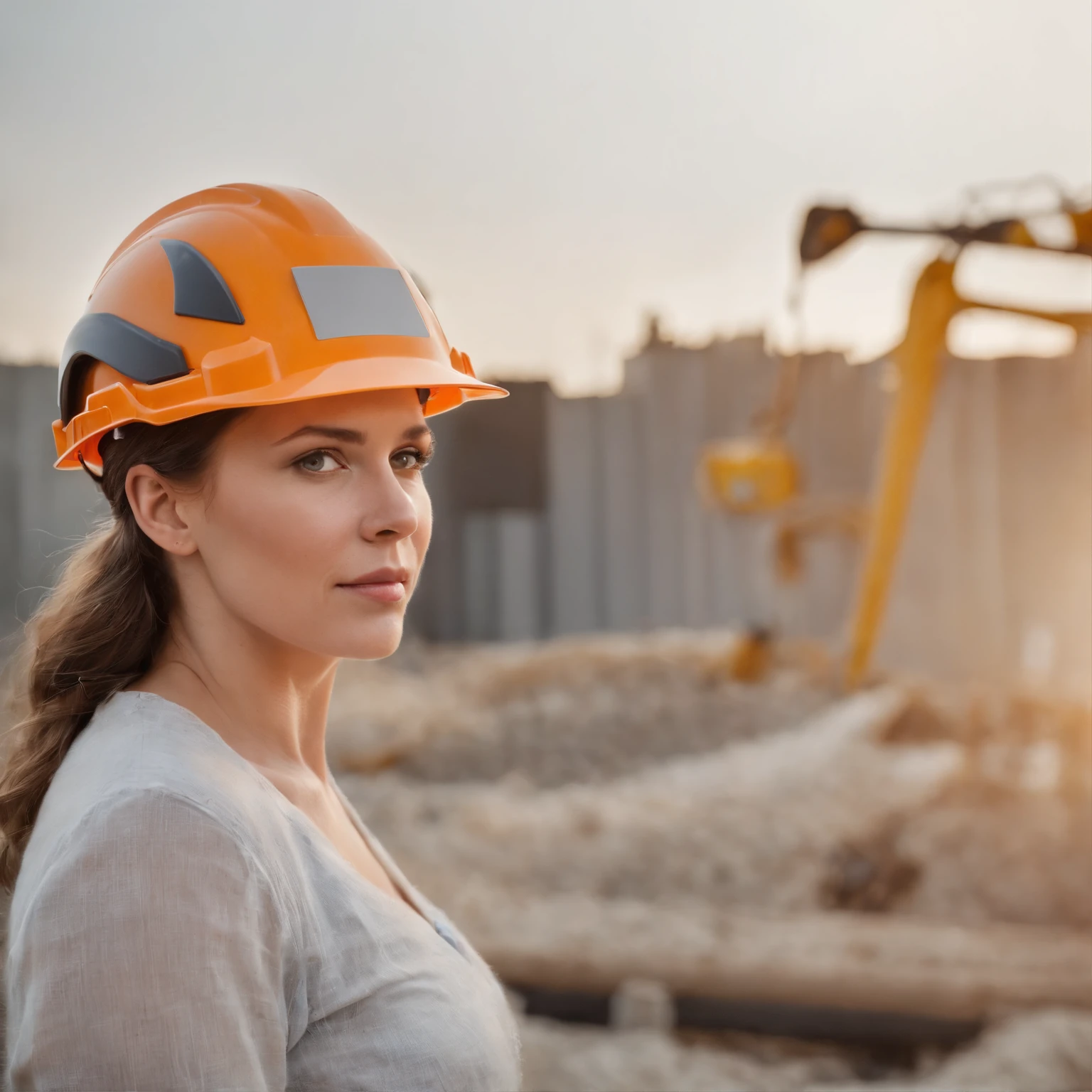 Auf einer Baustelle arbeiten Frauen mit Helm an einer Photovoltaikanlage. Fotorealistisch