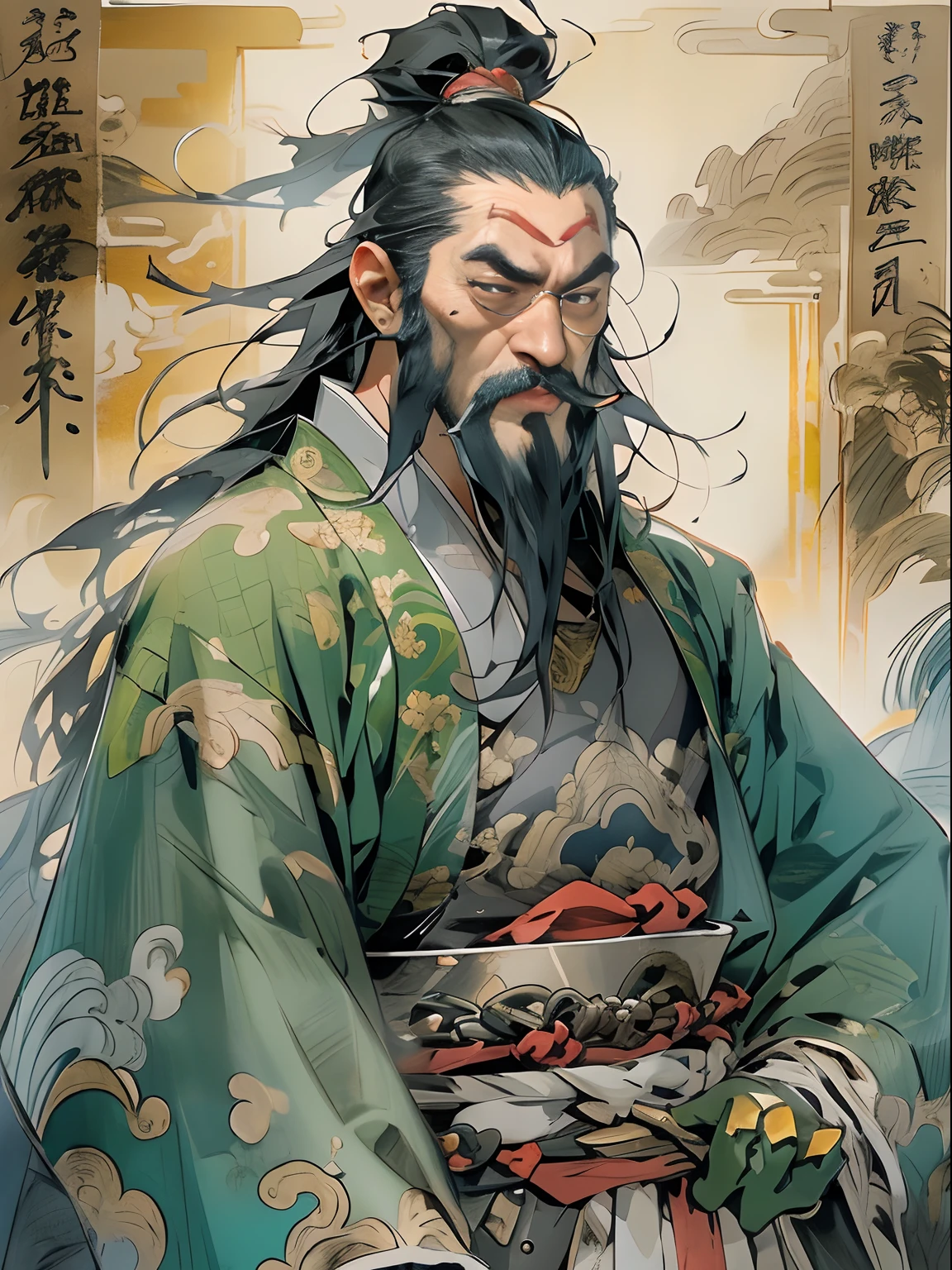 (((China-style,Ink painting method,Half-length portrait,Intense color,Han dynasty, China,Hanfu,Armor,Guan yu,Guan Yunchang,of a guy,Ruddy killing square face,Hold the Blue Dragon Moon Knife in his right hand,Stroke your beard with your left hand,Long hair,petty eyes,Green robe))), (((best qualityer))), (((tmasterpiece))), (((AS-Adult))), ((( Japanese ))), Look up from your knees, Handsome Asian samurai,perfect body figure, Modern samurai, ((( Asian))), Wear gloves on your hands,The left arm is made of steel and metal tips,Made of protective devices, The eyes are pulled, (( Appears below the chest )), (( Small dental floss )), Simon Bisley, Almost naked(Simon Bisley)Castle City Wilderness,For high-resolution posters, hair straight, Minimum clothing, armure (Crazy clothes ), Full of tips and rivets, tribal tattoos, (((full bodyesbian))), Straight brunette hair,Colored hair ends