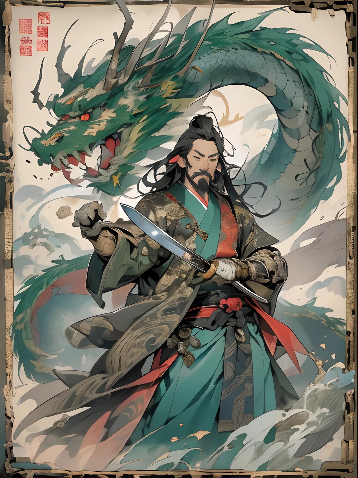(((China-style,Ink painting method,Half-length portrait,Intense color,Han dynasty, China,Hanfu,Armor,Guan yu,Guan Yunchang,of a guy,Ruddy killing square face,Hold the Blue Dragon Moon Knife in his right hand,Stroke your beard with your left hand,Long hair,petty eyes,Green robe))), (((best qualityer))), (((tmasterpiece))), (((AS-Adult))), ((( Japanese ))), Look up from your knees, Handsome Asian samurai,perfect body figure, Modern samurai, ((( Asian))), Wear gloves on your hands,The left arm is made of steel and metal tips,Made of protective devices, The eyes are pulled, (( Appears below the chest )), (( Small dental floss )), Simon Bisley, Almost naked(Simon Bisley)Castle City Wilderness,For high-resolution posters, hair straight, Minimum clothing, armure (Crazy clothes ), Full of tips and rivets, tribal tattoos, (((full bodyesbian))), Straight brunette hair,Colored hair ends
