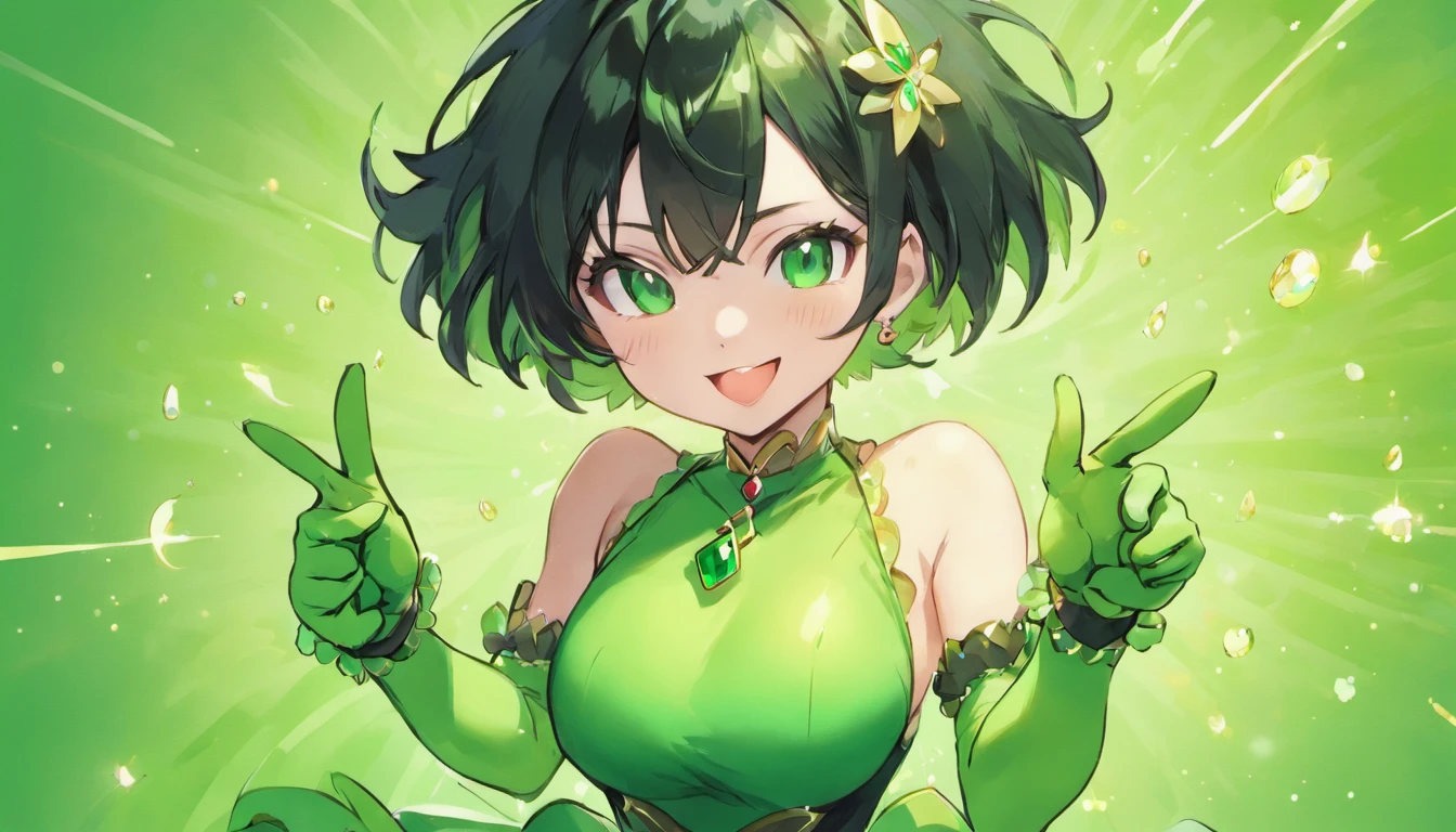 emerald tiara, Green Pearl Necklace, Boyish very short black hair, lipsticks, Japan woman smiling, Long green gloves made of satin material, very short short hair, Guts Pose, Green eyes, big breasts beautiful, Right thumbs up, Green Pearl Necklace, Green dress