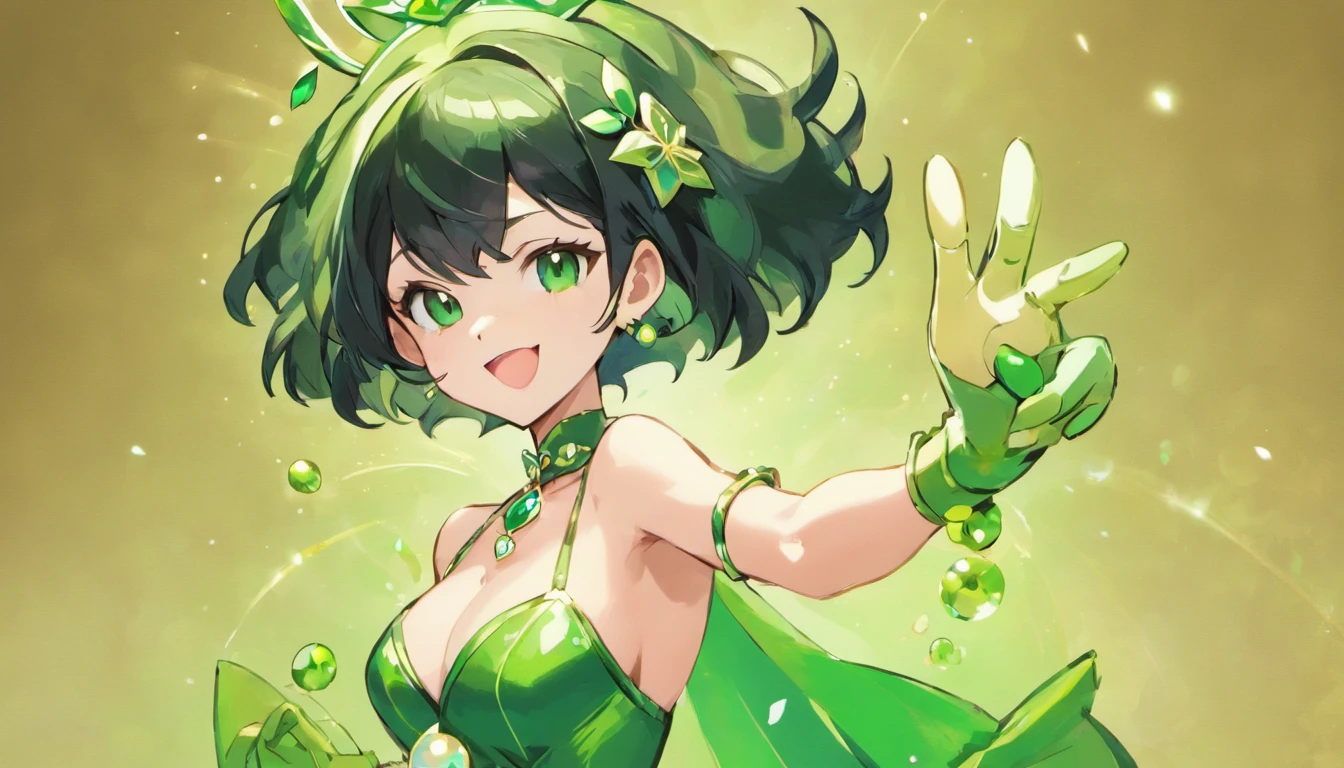 emerald tiara, Green Pearl Necklace, Boyish very short black hair, lipsticks, Japan woman smiling, Long green gloves made of satin material, very short short hair, Guts Pose, Green eyes, big breasts beautiful, Right thumbs up, Green Pearl Necklace, Green dress
