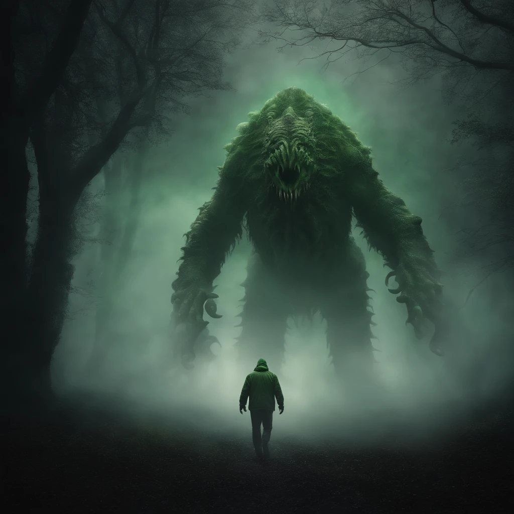 giant unknown monster, otherworldly creature, mechanical limbs, green mucus, under the fog, horror background, movie poster, dark fantasy, detailed, 3d render, detailed, best composition