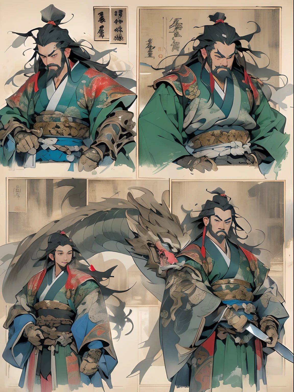 (((China-style,Ink painting method,Half-length portrait,Intense color,Han dynasty, China,Hanfu,Armor,Guan yu,Guan Yunchang,of a guy,Ruddy killing square face,Hold the Blue Dragon Moon Knife in his right hand,Stroke your beard with your left hand,Long hair,petty eyes,Green robe))), (((best qualityer))), (((tmasterpiece))), (((AS-Adult))), ((( Japanese ))), Look up from your knees, Handsome Asian samurai,perfect body figure, Modern samurai, ((( Asian))), Wear gloves on your hands,The left arm is made of steel and metal tips,Made of protective devices, The eyes are pulled, (( Appears below the chest )), (( Small dental floss )), Simon Bisley, Almost ?????(Simon Bisley)Castle City Wilderness,For high-resolution posters, hair straight, Minimum clothing, armure (Crazy clothes ), Full of tips and rivets, tribal tattoos, (((full bodyesbian))), Straight brunette hair,Colored hair ends