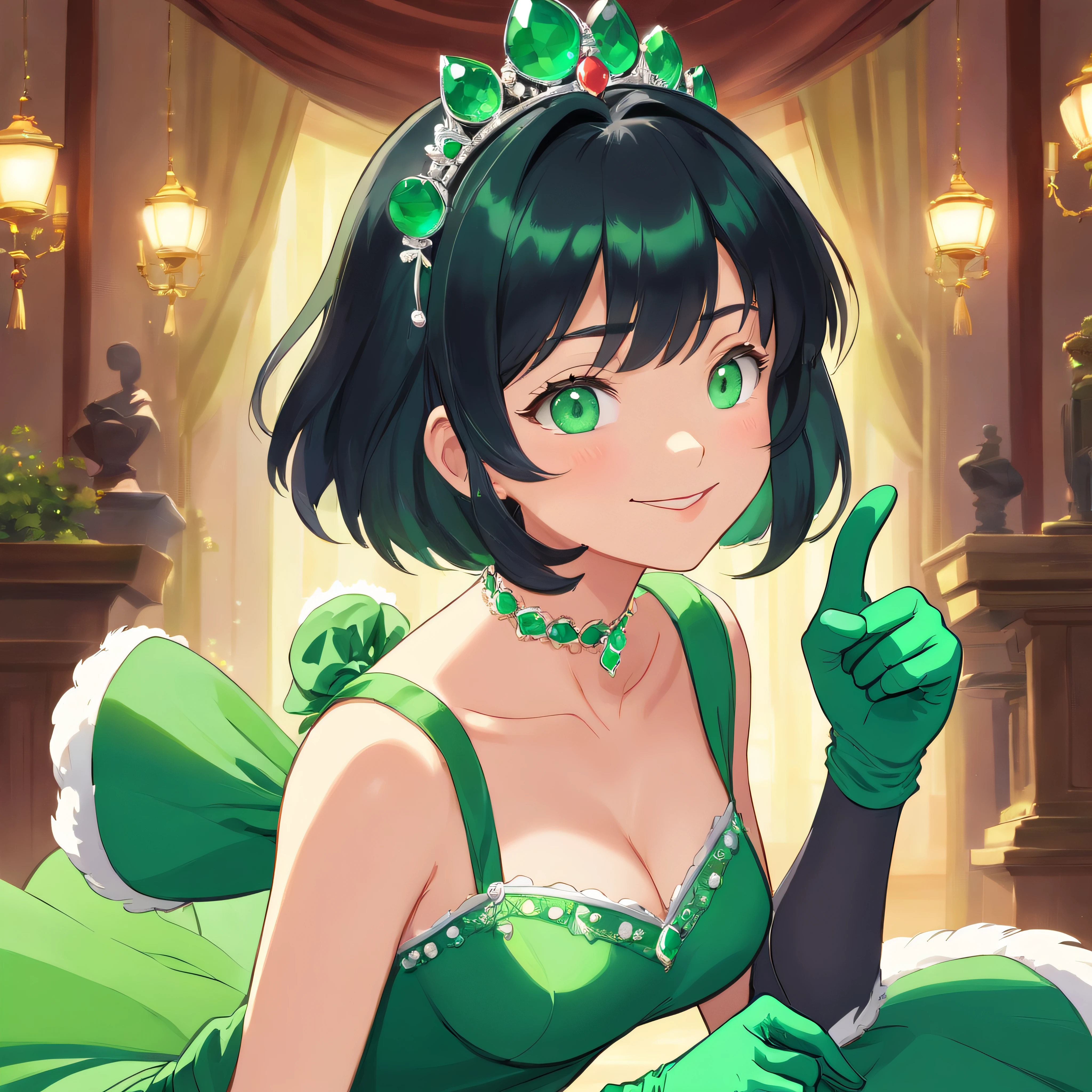 emerald tiara, Green Pearl Necklace, Boyish very short black hair, lipsticks, Japan woman smiling, Long green gloves made of satin material, very short short hair, Guts Pose, Green eyes, big breasts beautiful, Right thumbs up, Green Pearl Necklace, Green dress