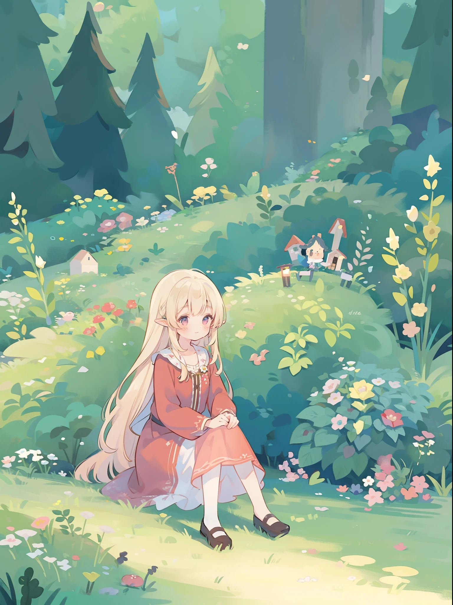 watercolor storybook illustration, hidden huge whimsical asymmetrical castle, warm colors, colorful flower garden, overgrown vines and plants, trees and bushes, beautiful girl sitting in a garden, elf girl, 1girl
