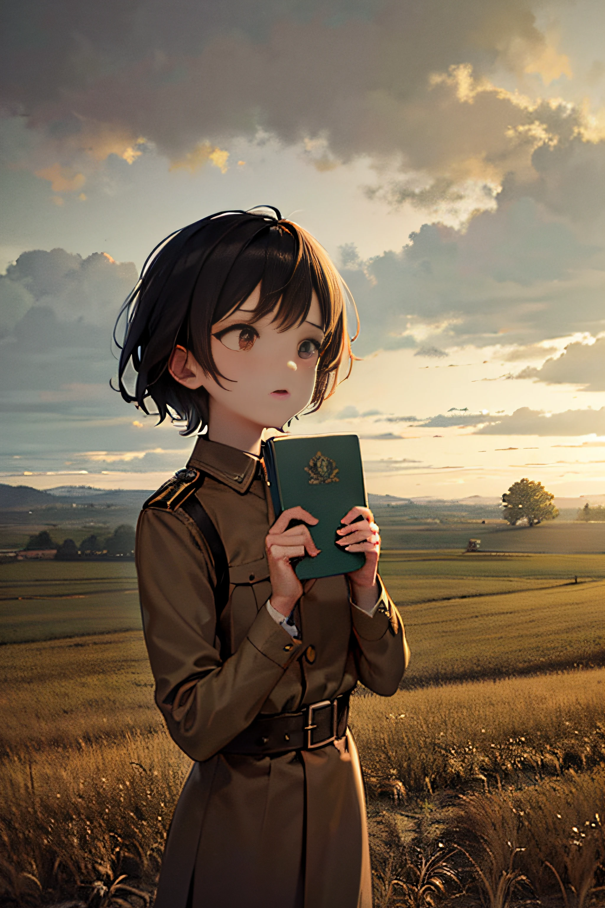 The cover is in sepia tones, evoking the aesthetics of the World War I period, with a sense of nostalgia. No centro, there is an illustration of a young Elena, com aproximadamente , holding the journal against his chest as he watches the distant horizon with an expression of mixed determination and concern on his face.
Ao fundo, a paisagem rural europeia se estende, com campos verdejantes e uma vila pitoresca que se perde no horizonte. The sky is cloudy and stormy, symbolizing the challenges Elena will face during the war