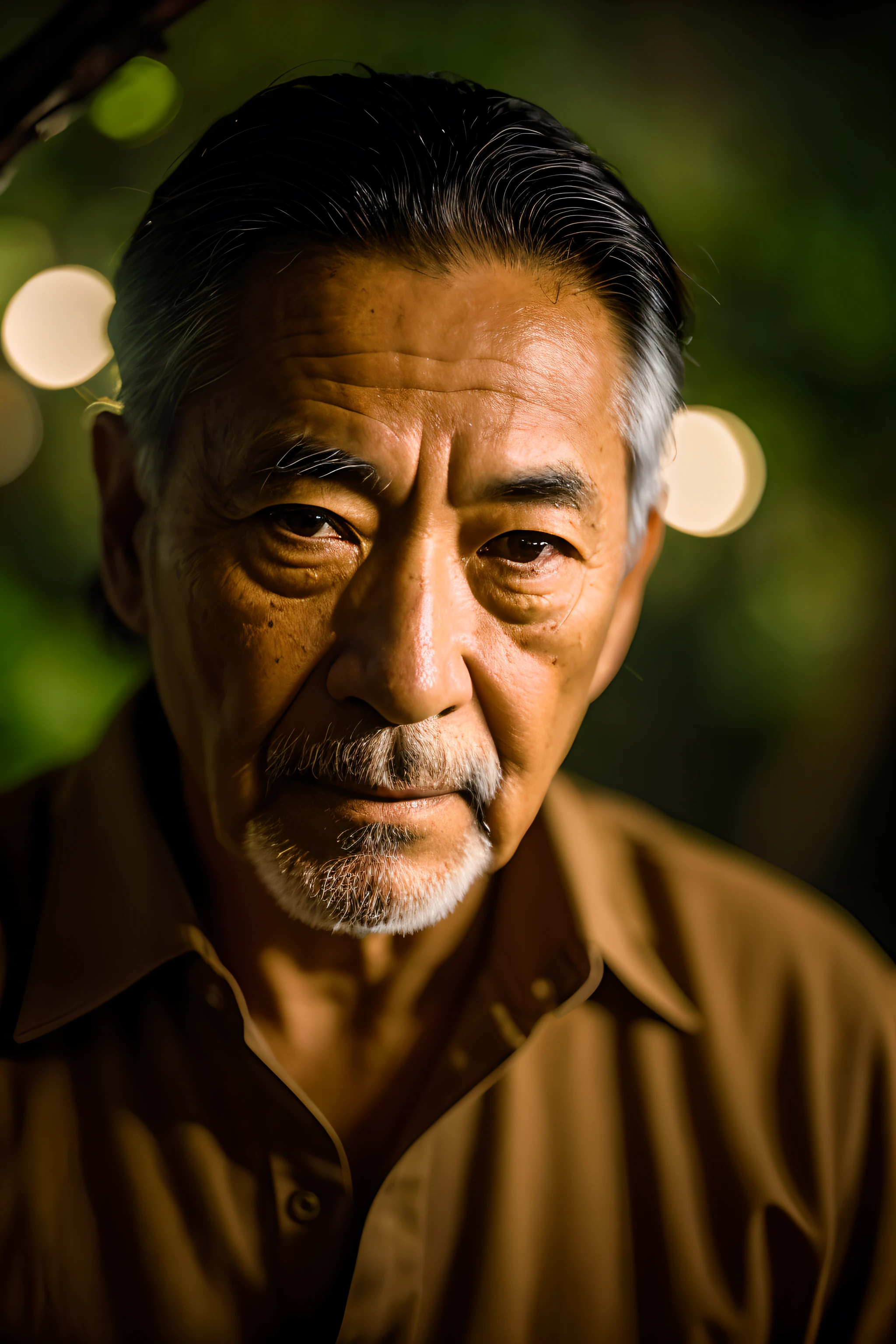 obra-prima, Handsome elderly samurai walking through the jungle at night among fireflies, (detalhe alto: 1 1), rough face, pele natural, alta qualidade, nsfw, olhos lindos, (rosto e olhos detalhados), (rosto: 1 2), noise, extra, foto real, PSD, lamp film photography, foco nítido, contrast lighting, pele detalhada, high res 8k, detalhe maluco, realista, fotografia profissional, 8k UHD, SLR camera, soft-lighting, alta qualidade, grain of film, Fujifilm XT3