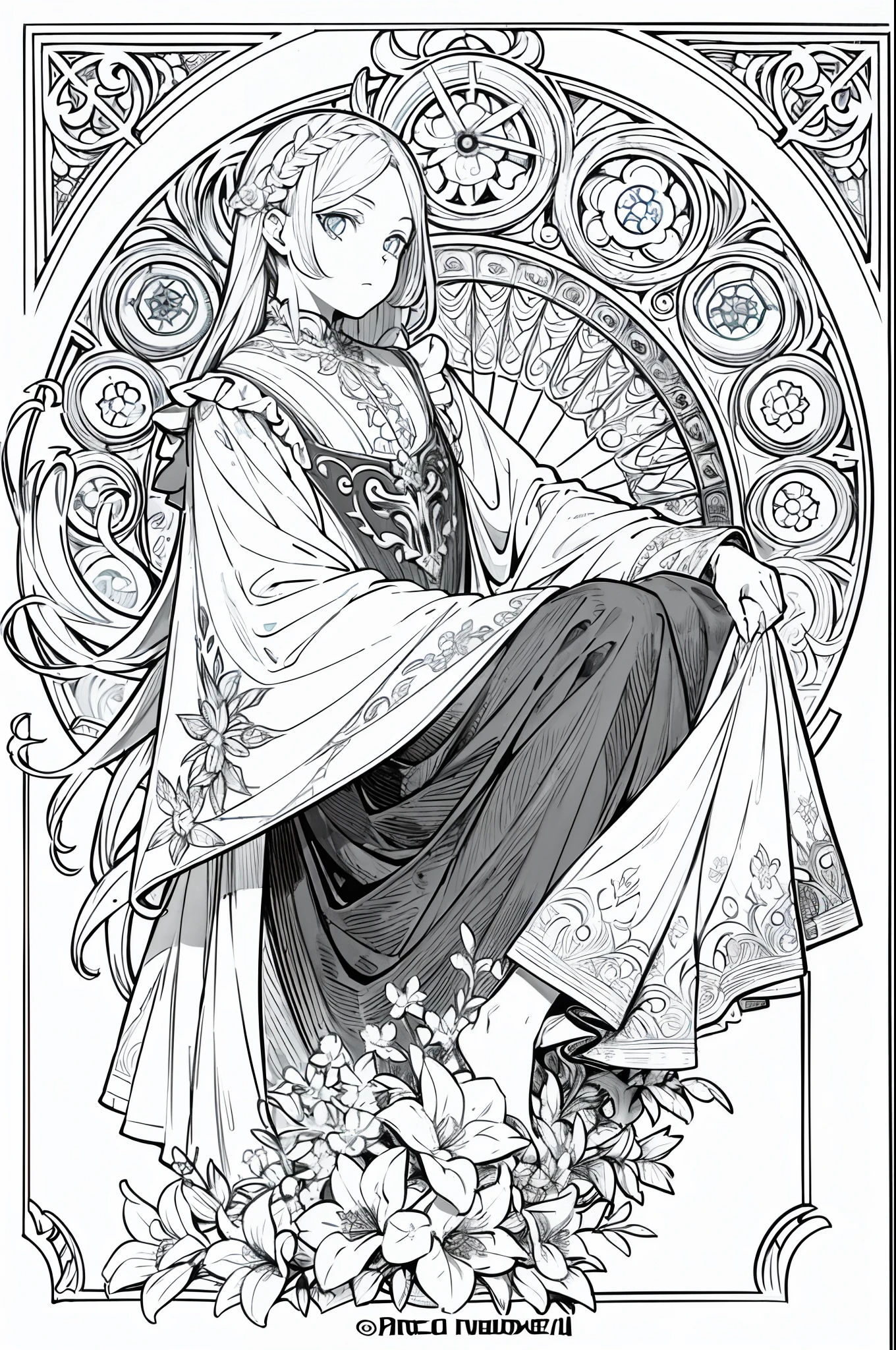 A painting of a boy in a red robe, lying on a maple tree with maple leaves falling next to it, clean line art, line art Behance HD, extremely fine ink line art, clean anime silhouette, 1024x1024, perfect line art, line art illustration, keqing from Genshin impact, line art, flowing hair and robes, beautiful line art, line art!! --auto --s2