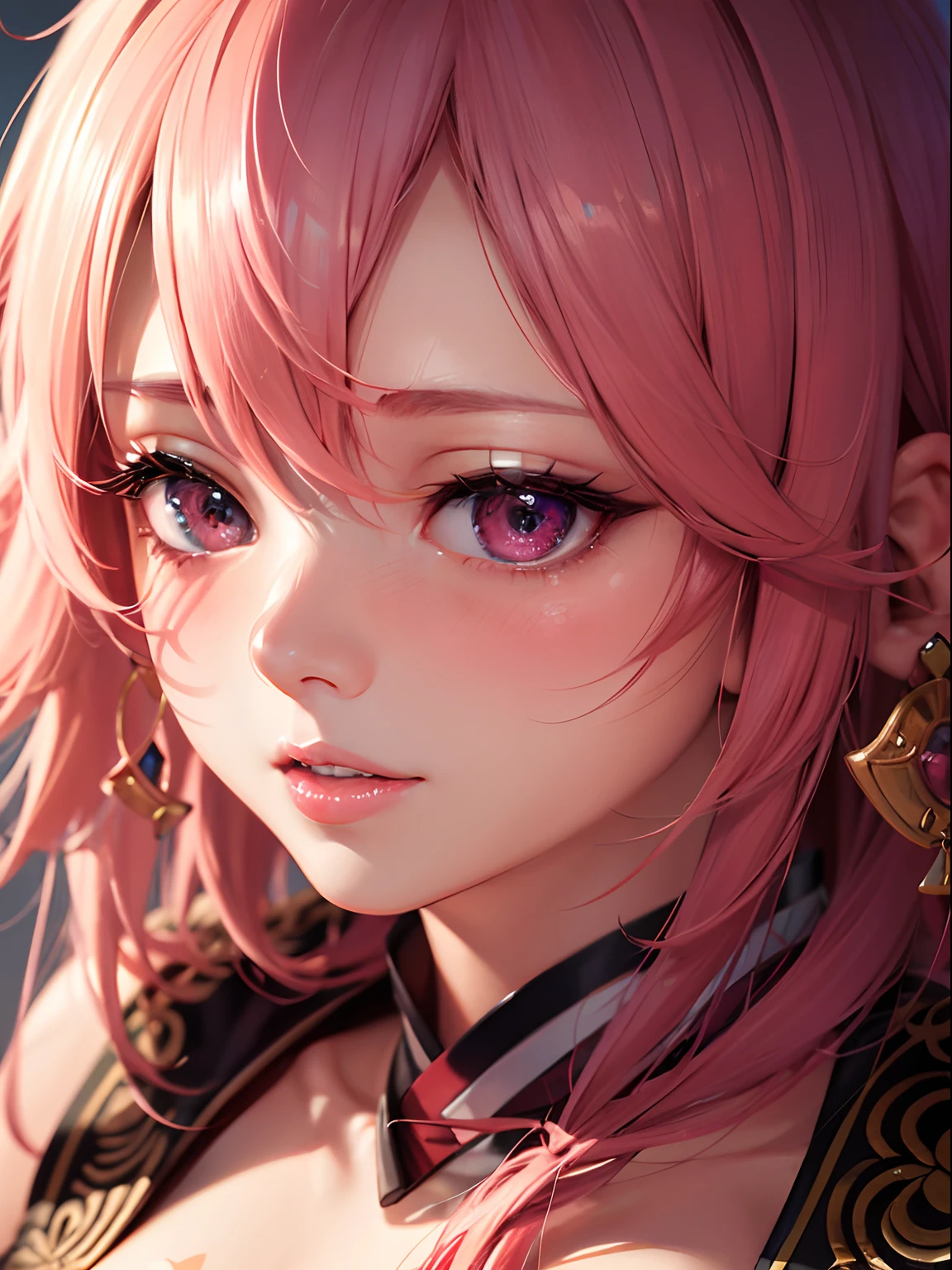 Yae Miko, 1girl, shiny skin, orgasm face, photorealistic, lifelike, blush, highdef, depth of field, (add details:1.5), (fine details:1.5)