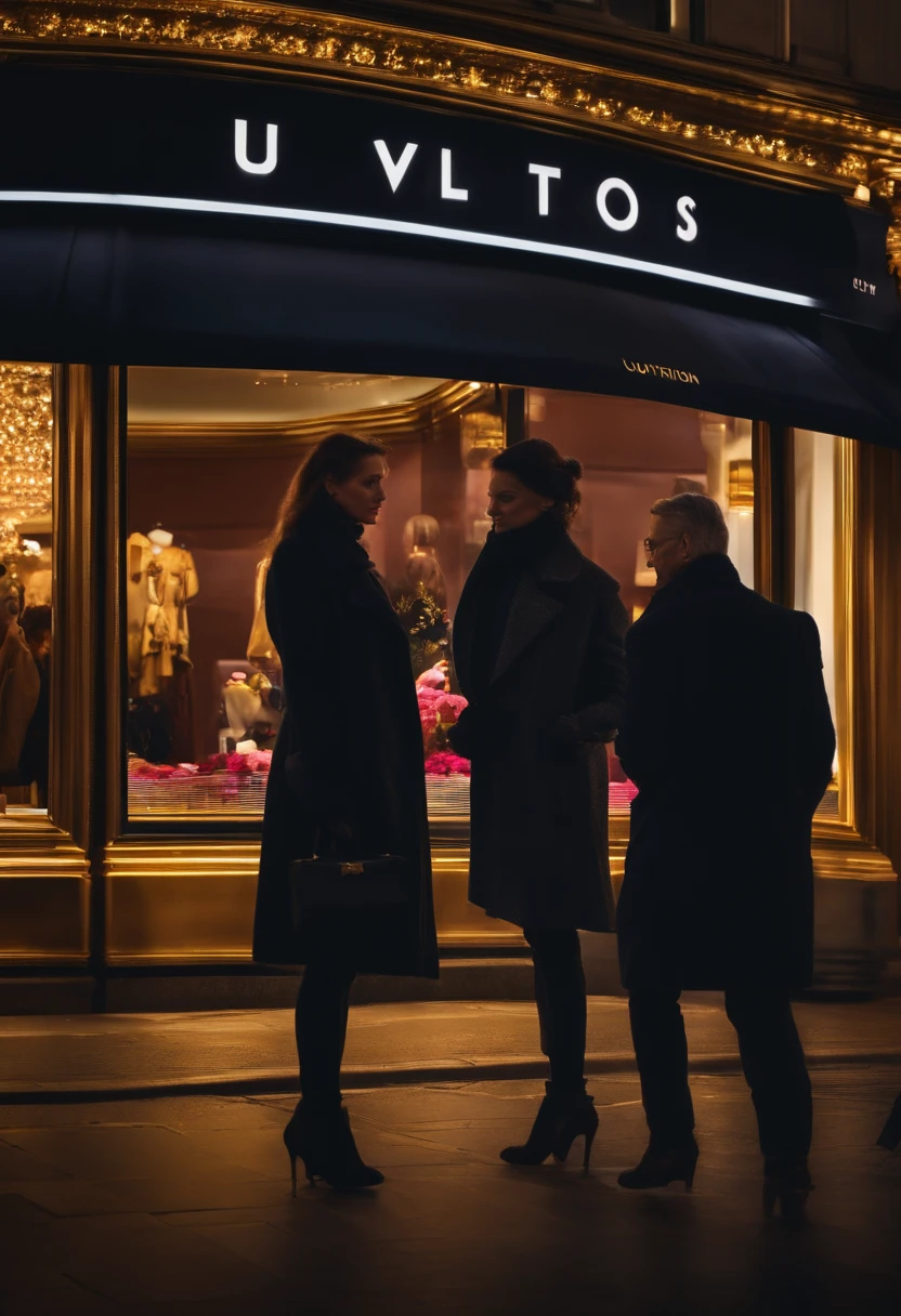 A profile picture on the Champs Élysées in Paris, de nuit, devant le magasin louis vuitton avec 2 amies