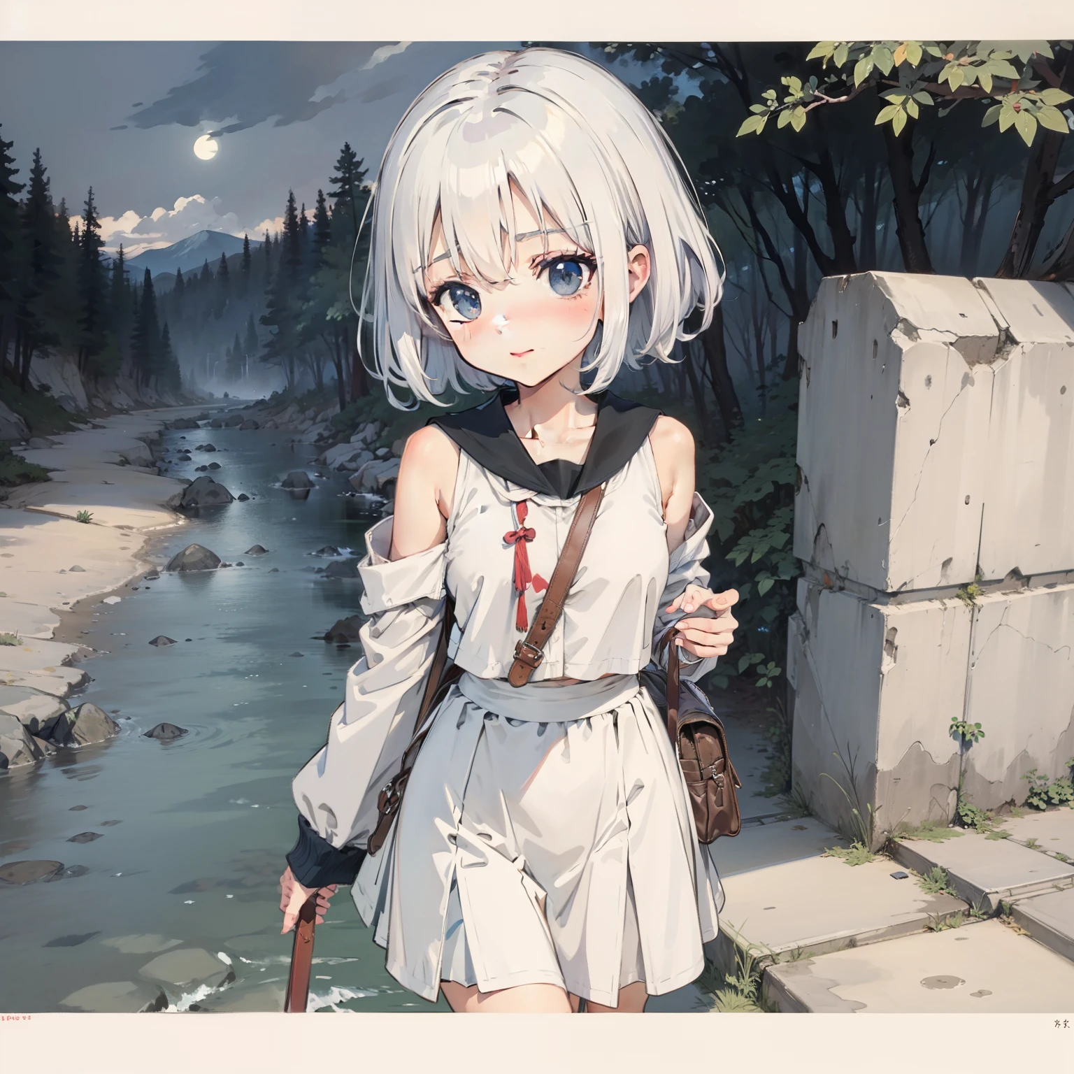 Bare shoulders, Blue eyes, Breasts, Medium breasts, off-shoulder jacket, cropped shoulders, Red eyeliner, Short hair, , Solo, White hair, ((Masterpiece)) (Best quality, Masterpiece)Watercolor illustration, Perfect anatomy, Masterpiece, Best quality, 1girll, Loli,elementary student, Solo, (with short white hair:1.2), Elementary school uniform, bookbag,Nature, during night, stands aside the river, landscape