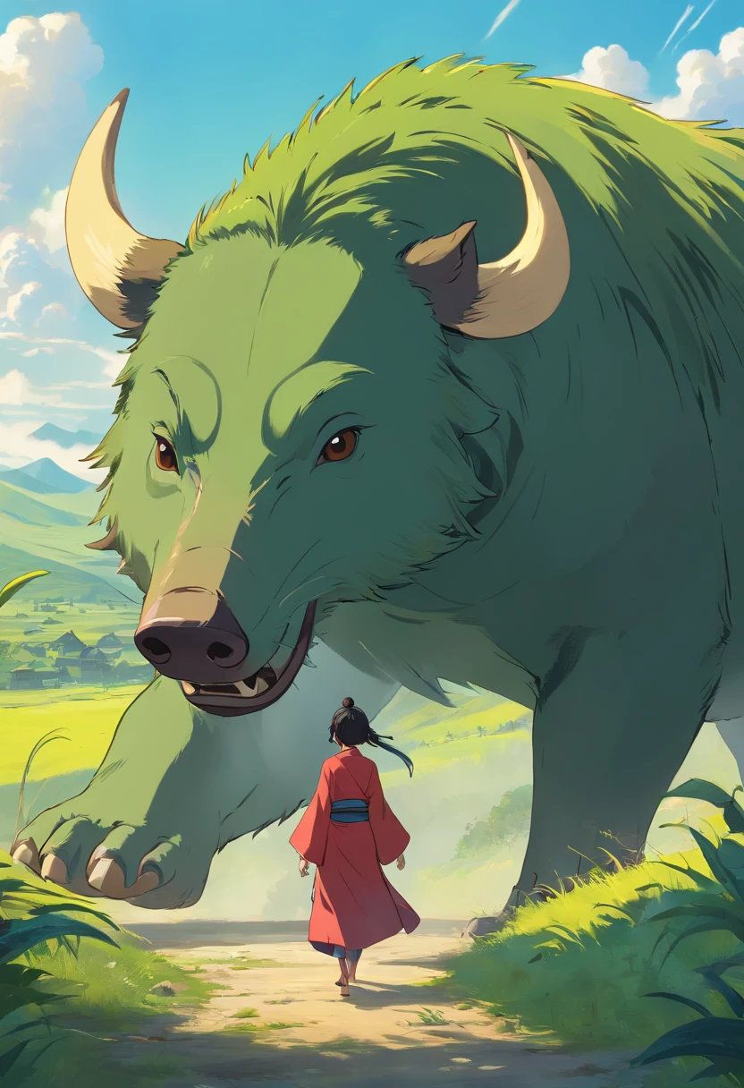 This is a surreal 32K China、Portrait of the mythical beast wild boar，Capture every pore and texture with delicate texture and form，A huge wild boar with golden stripes，Pig's Nose，Contrast with the surrounding landscape，（（Super massive）），green color，In the background are the sky，huge tusks，Unreal Engine5，Dreamy scenes，Shocking。Refer to Stephen Chow's movie《Journey to the West》