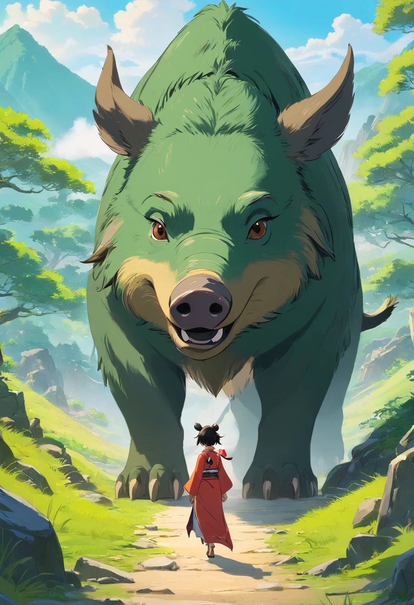 This is a surreal 32K China、Portrait of the mythical beast wild boar,Capture every pore and texture with delicate texture and form,A huge wild boar with golden stripes,Pig's Nose,Contrast with the surrounding landscape,((Super massive)),green color,In the background are the sky,huge tusks,Unreal Engine5,Dreamy scenes,Shocking。Refer to Stephen Chow's movie《Journey to the West》