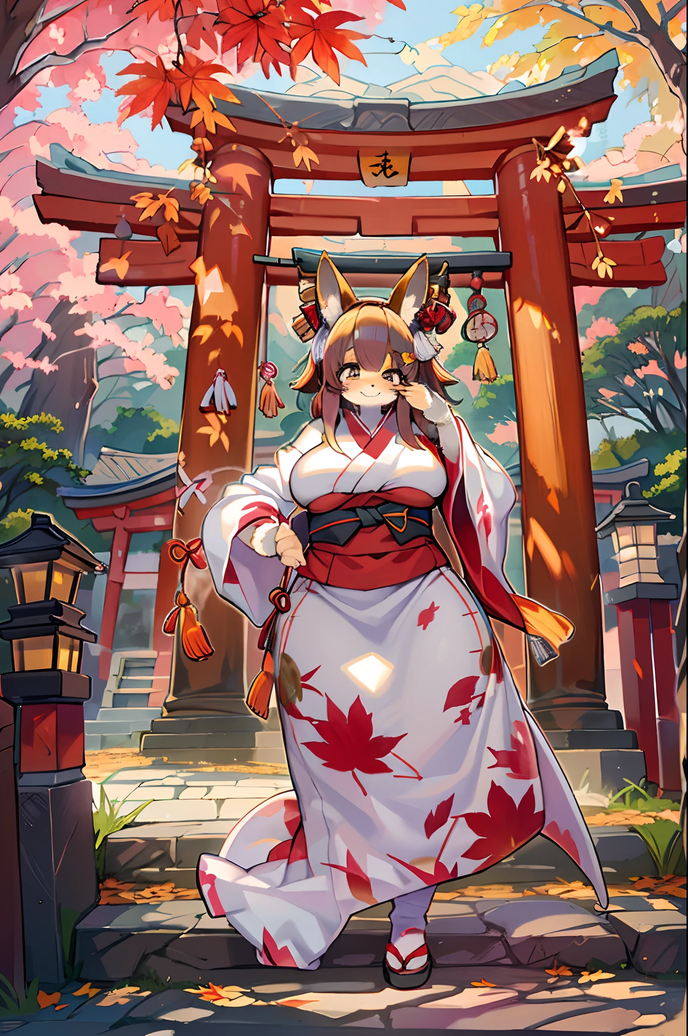 Fox Woman、body covered with fur、huge-breasted、kawaii、shrine maiden、Japan white clothes,Red Hakama、torii gate,autumn day、From below、Wide Shot、Very Wide Shot、A big smile、bbw、thick thight、big butts、Ultramammy、Under the maple tree,shrines