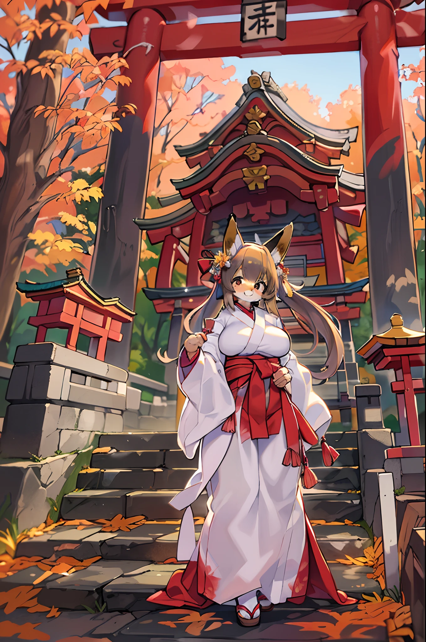 Fox Woman、body covered with fur、huge-breasted、kawaii、shrine maiden、Japan white clothes,Red Hakama、torii gate,autumn day、From below、Wide Shot、Very Wide Shot、A big smile、bbw、thick thight、big butts、Ultramammy、Under the maple tree,shrines
