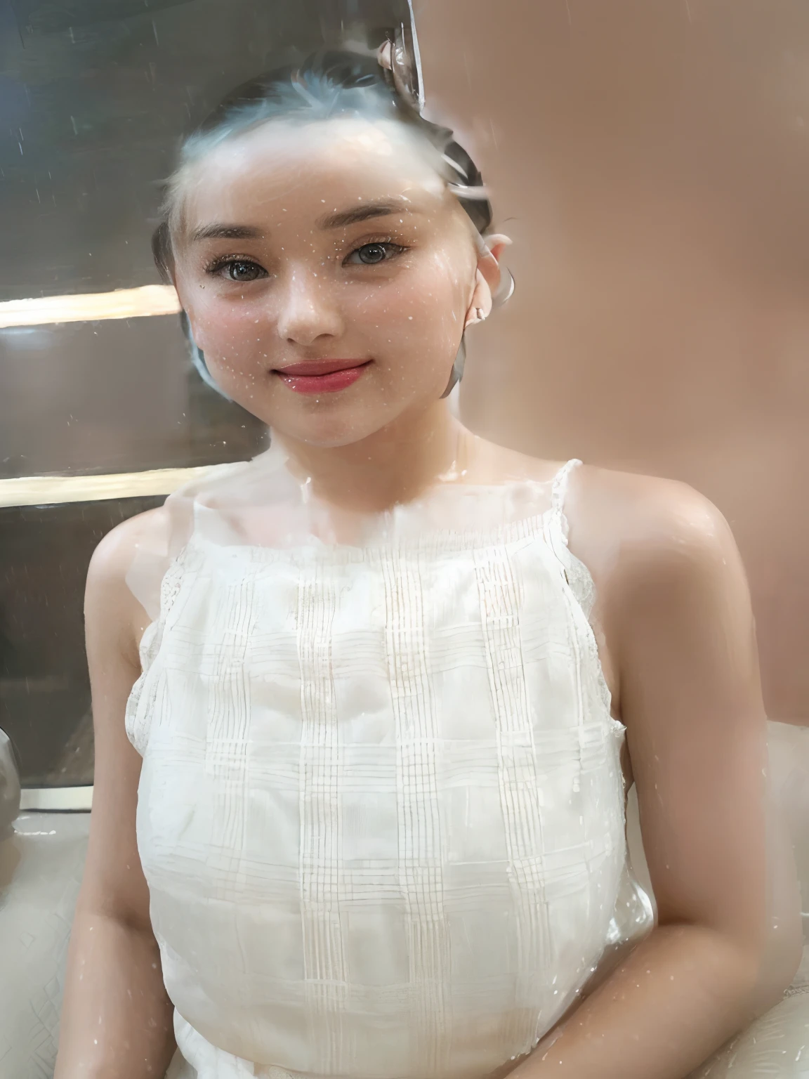 (8k, best quality, masterpiece:1.2), (realistic, photo-realistic:1.37), ultra-detailed, 1 girl, cute, solo, beautiful detailed sky, detailed cafe, night, sitting, dating, (nose blush), (smile:1.15), (closed mouth) medium breasts, beautiful detailed eyes, topless, night, wet, rain, white lace, (short hair:1.2), floating hair NovaFrogStyle,