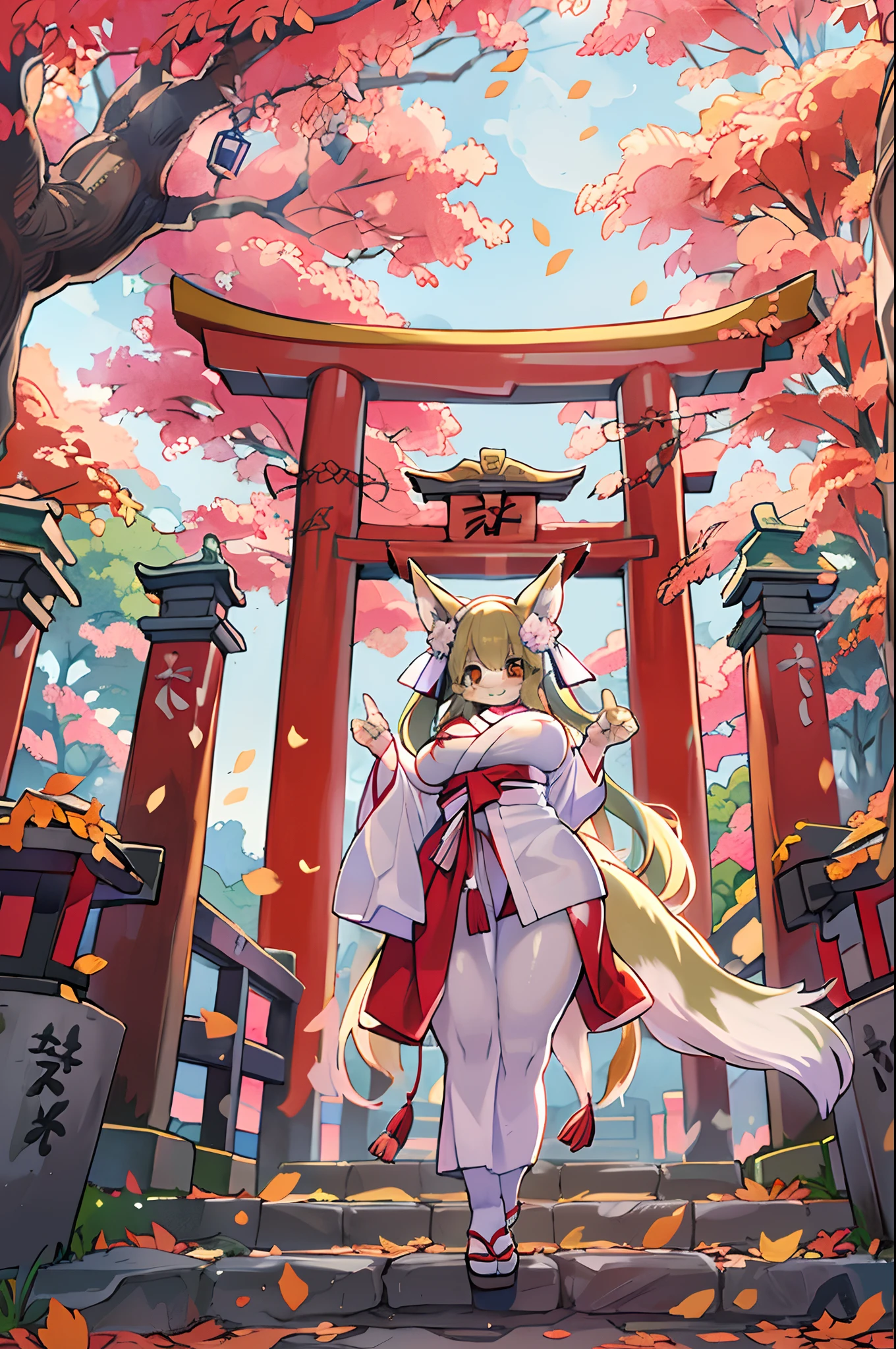 Fox Woman、body covered with fur、huge-breasted、kawaii、shrine maiden、Japan white clothes,Red Hakama、torii gate,autumn day、From below、Wide Shot、Very Wide Shot、A big smile、bbw、thick thight、big butts、Ultramammy、Under the maple tree,shrines
