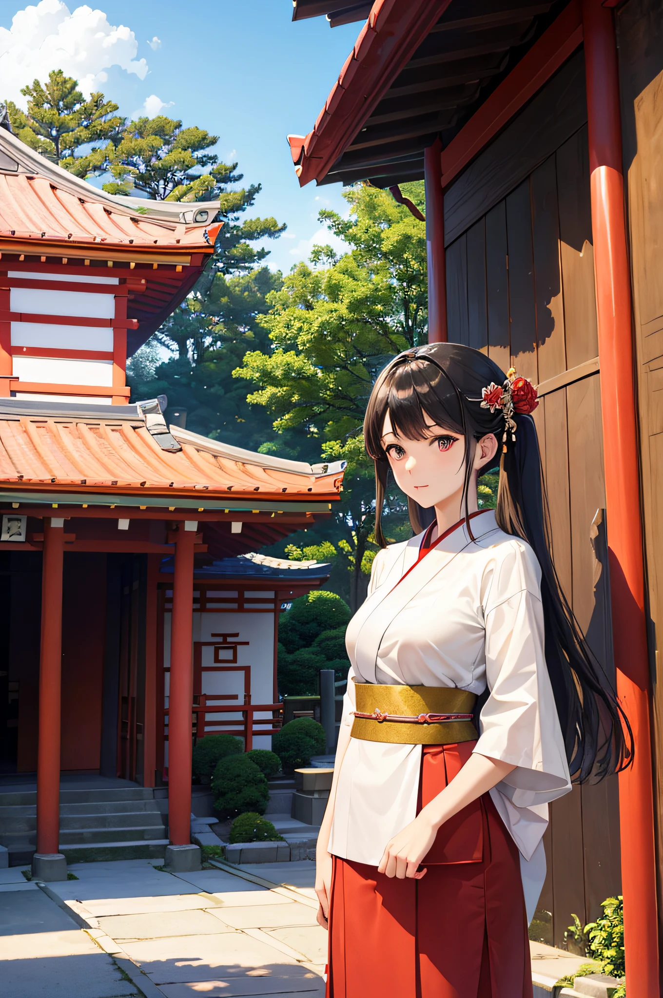 Woman in white shirt and skirt looking at red building, japan deeper travel exploration, near a japanese shrine, inari shrine, In front of the temple, Shrine of Japan, japan travel aesthetic, japanese temples, wearing a haori, shrines, A Japanese Lady, Japan Travel & Tourism, Stand in a Buddhist temple, japan sightseeing, japanese heritage, japanese temples, real, masterpiece