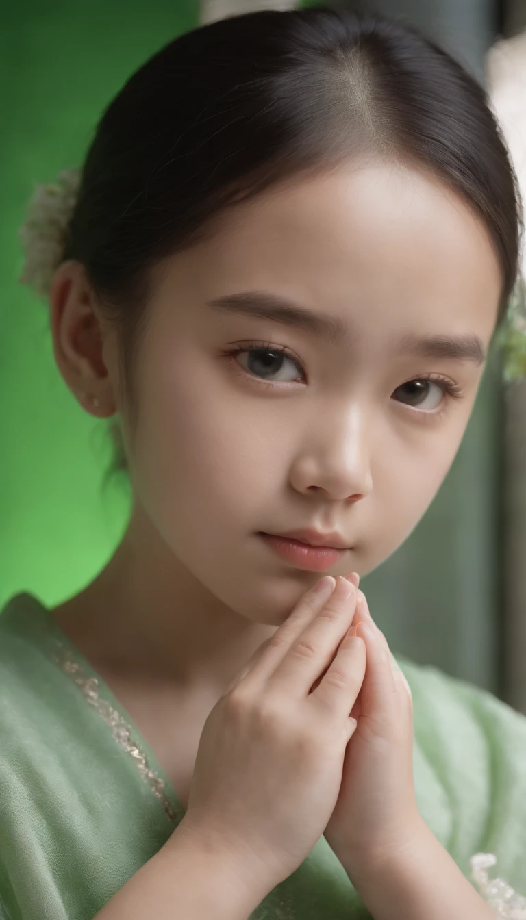 Child, praying, looking at you, flat green screen, in the style of kawaii aesthetic, helios 44-2 58mm f/2, asian-inspired, vibrant, (medium close-up)