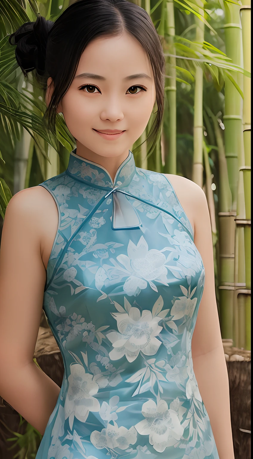 1 fashion model 18 years old [[[[close up]]]], [[[[neck]]]], [[[[Shoulder]]]], (((Complete head)))，(((Complete hairstyle)))，Perfect eyes, Perfect Iris，Perfect lips，Perfect Teeth，Perfect skin，White skin，Soft headlight，High-density imaging，（Clean and delicate face），((Light cheongsam))，((Various dynamic poses))，((Background with flowers and green trees))，best quality，masterpiece，（Soft colors：1.2）