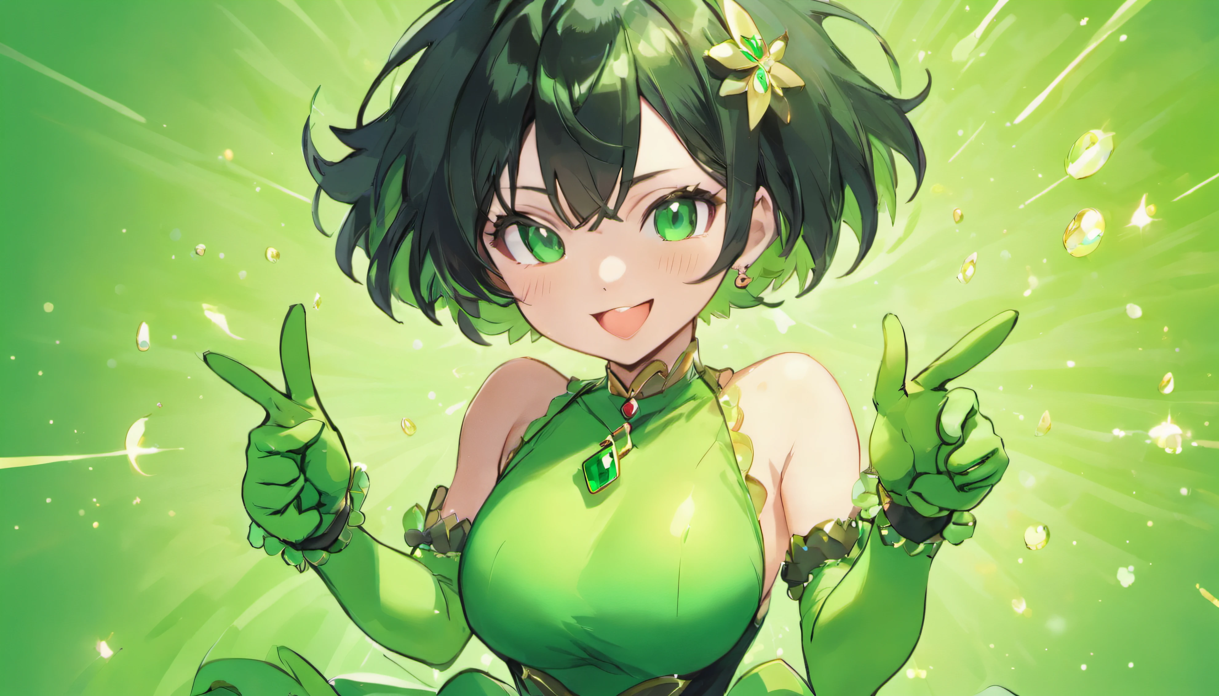 emerald tiara, Green Pearl Necklace, Boyish very short black hair, lipsticks, Japan woman smiling, Long green gloves made of satin material, very short short hair, Guts Pose, Green eyes, big breasts beautiful, Right thumbs up, Green Pearl Necklace, Green dress