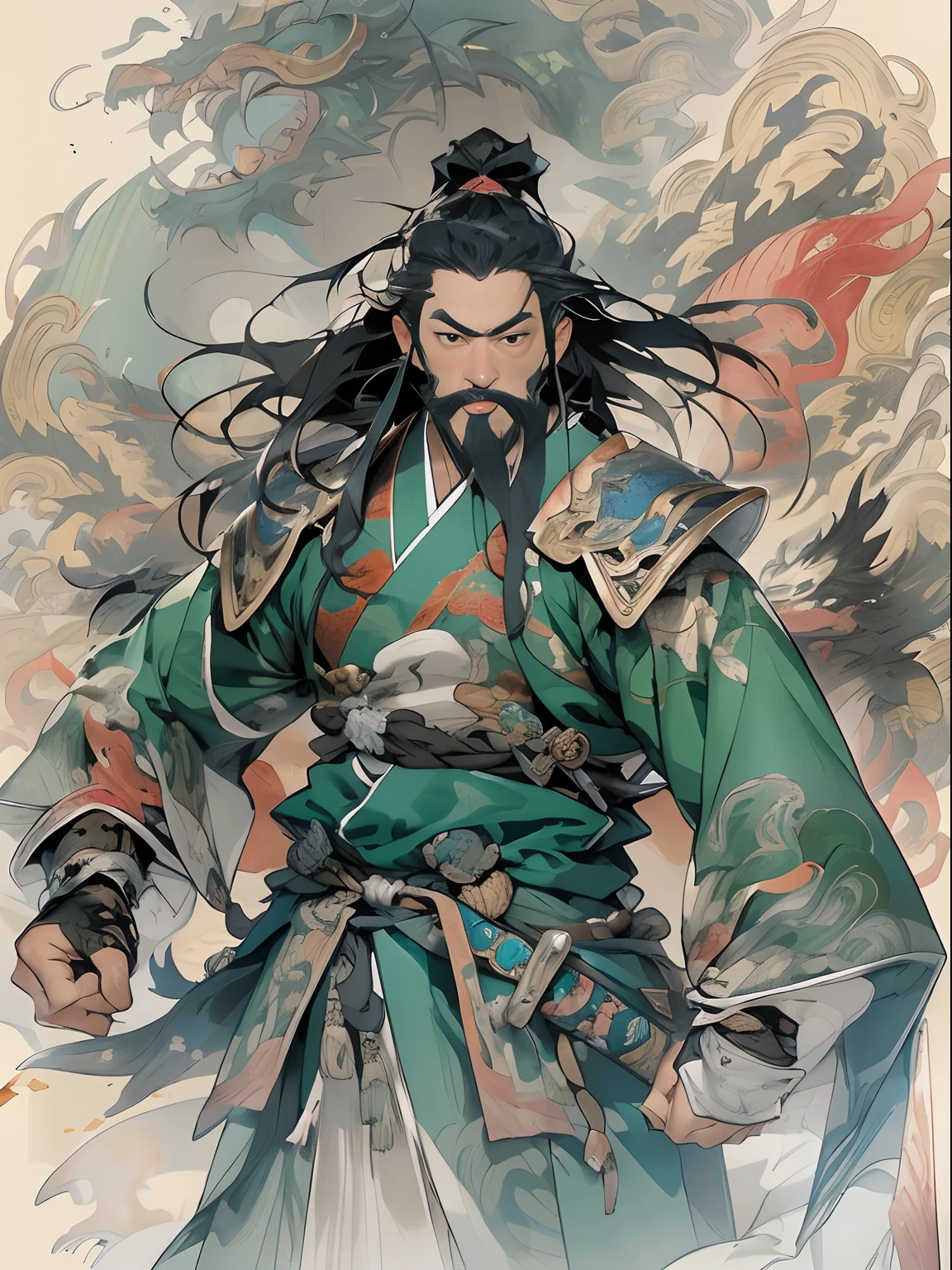 (((China-style,Ink painting method,Half-length portrait,Intense color,Han dynasty, China,Hanfu,Armor,Guan yu,Guan Yunchang,of a guy,Ruddy killing square face,Hold the Blue Dragon Moon Knife in his right hand,Stroke your beard with your left hand,Long hair,petty eyes,Green robe))), (((best qualityer))), (((tmasterpiece))), (((AS-Adult))), ((( Japanese ))), Look up from your knees, Handsome Asian samurai,perfect body figure, Modern samurai, ((( Asian))), Wear gloves on your hands,The left arm is made of steel and metal tips,Made of protective devices, The eyes are pulled, (( Appears below the chest )), (( Small dental floss )), Simon Bisley, Almost naked(Simon Bisley)Castle City Wilderness,For high-resolution posters, hair straight, Minimum clothing, armure (Crazy clothes ), Full of tips and rivets, tribal tattoos, (((full bodyesbian))), Straight brunette hair,Colored hair ends