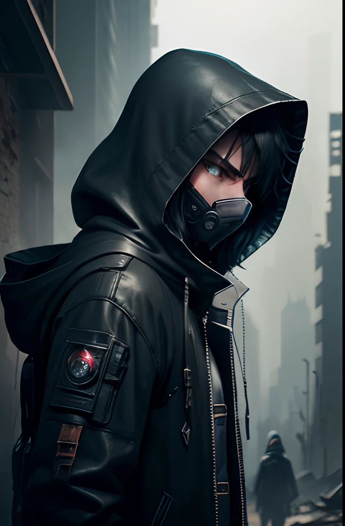 teenage boy,jet-black hair,blue eyes,covered face,long coat,long hooded coat,sci-fi,ruins,fantasy art,futuristic,scifi,half covered face,side angle close-up view,anime,moody atmosphere,mysterious aura,dystopian setting,dark shadows,neon lights,high-tech gadgets,advanced weaponry,desolate landscape,crumbling architecture,post-apocalyptic city,vivid colors,gritty texture,blurred background,sharp focus,strong facial expression, Ruin