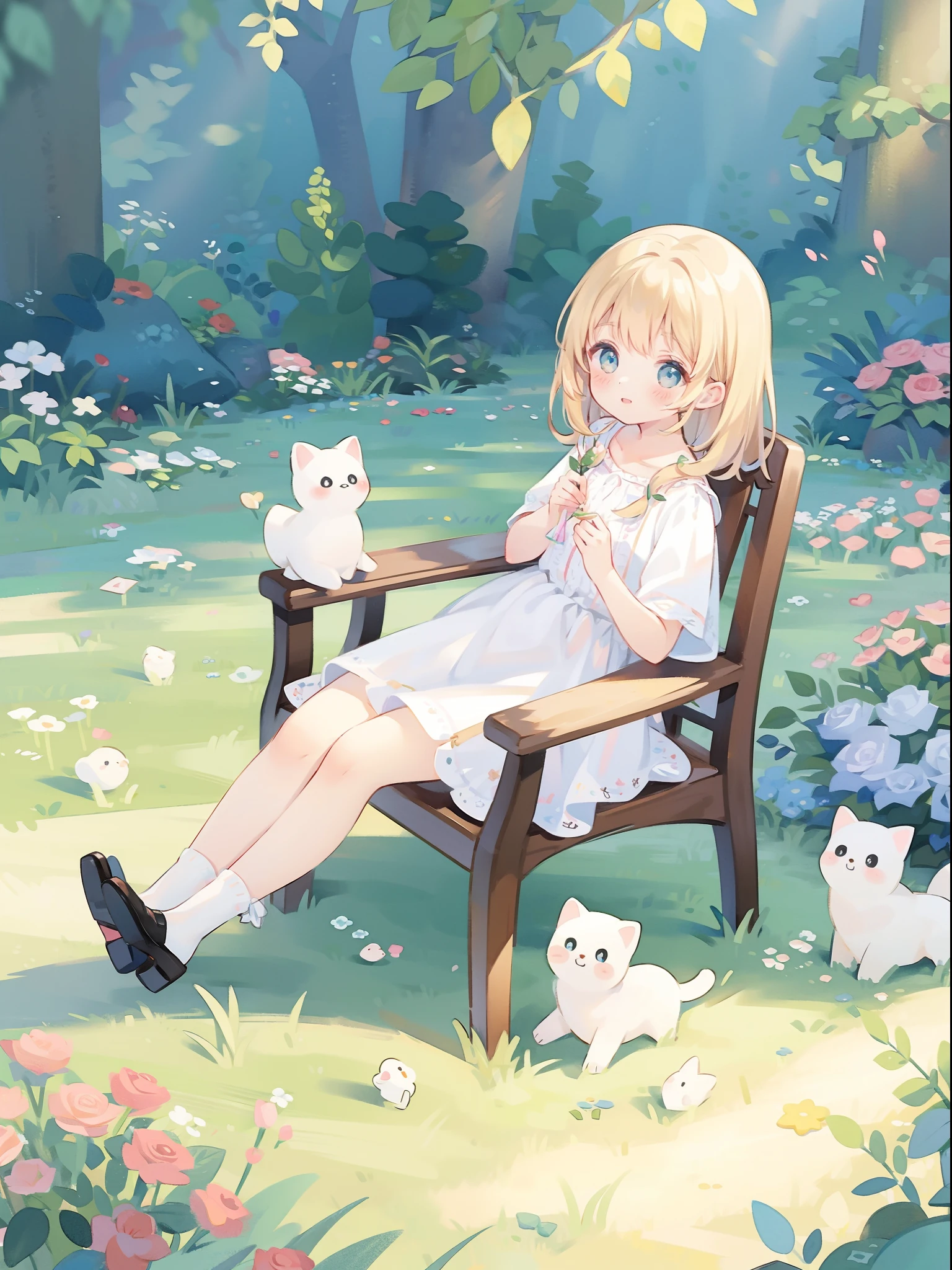 watercolor storybook illustration, beautiful girl sitting in a garden