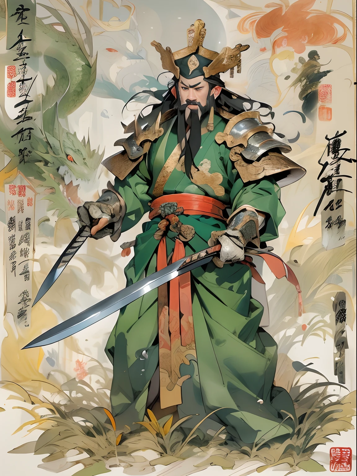 (((China-style，Ink painting method，Half-length portrait，Intense color，Han dynasty, China，Hanfu，Armor，Guan yu，Guan Yunchang，of a guy，Ruddy killing square face，Hold the Blue Dragon Moon Knife in his right hand，Stroke your beard with your left hand，Long hair，petty eyes，Green robe))), (((best qualityer))), (((tmasterpiece))), (((AS-Adult))), ((( Japanese ))), Look up from your knees, Handsome Asian samurai，perfect body figure, Modern samurai, ((( Asian))), Wear gloves on your hands，The left arm is made of steel and metal tips，Made of protective devices, The eyes are pulled, (( Appears below the chest )), (( Small dental floss )), Simon Bisley, Almost naked（Simon Bisley）Castle City Wilderness，For high-resolution posters, hair straight, Minimum clothing, armure (Crazy clothes ), Full of tips and rivets, tribal tattoos, (((full bodyesbian))), Straight brunette hair，Colored hair ends