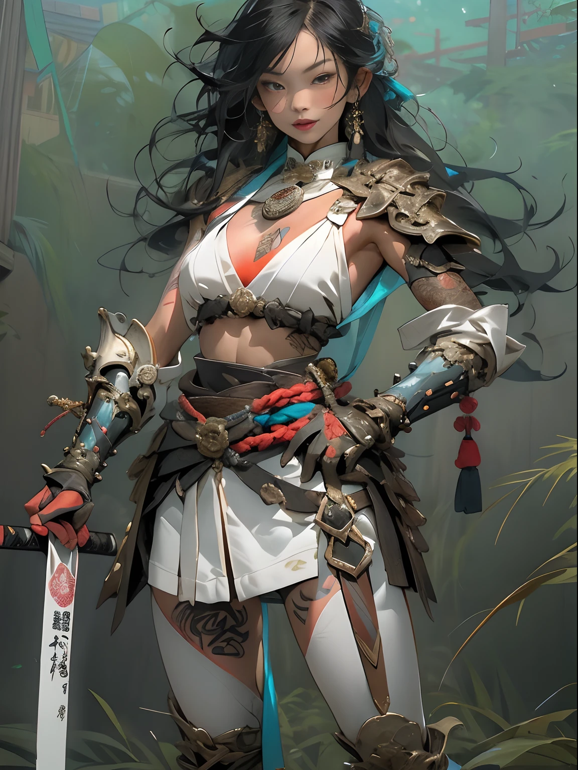 (((woman))), (((best qualityer))), (((tmasterpiece))), (((AS-Adult))), ((( Japanese ))), Look up from your knees, A beautiful asian samurai woman with perfect body, Modern samurai, ((( Asian))), Wear gloves on your hands，The left arm is made of steel and metal tips，Made of protective devices, The eyes are pulled, (( Appears below the breast )), (( Small dental floss )), Simon Bisley, Almost naked（Simon Bisley）Castle City Wilderness，For high-resolution posters, hair straight, Minimum clothing, armure (Crazy clothes ), Full of tips and rivets, tribal tattoos, (((full bodyesbian))), Straight brunette hair，Colored hair ends