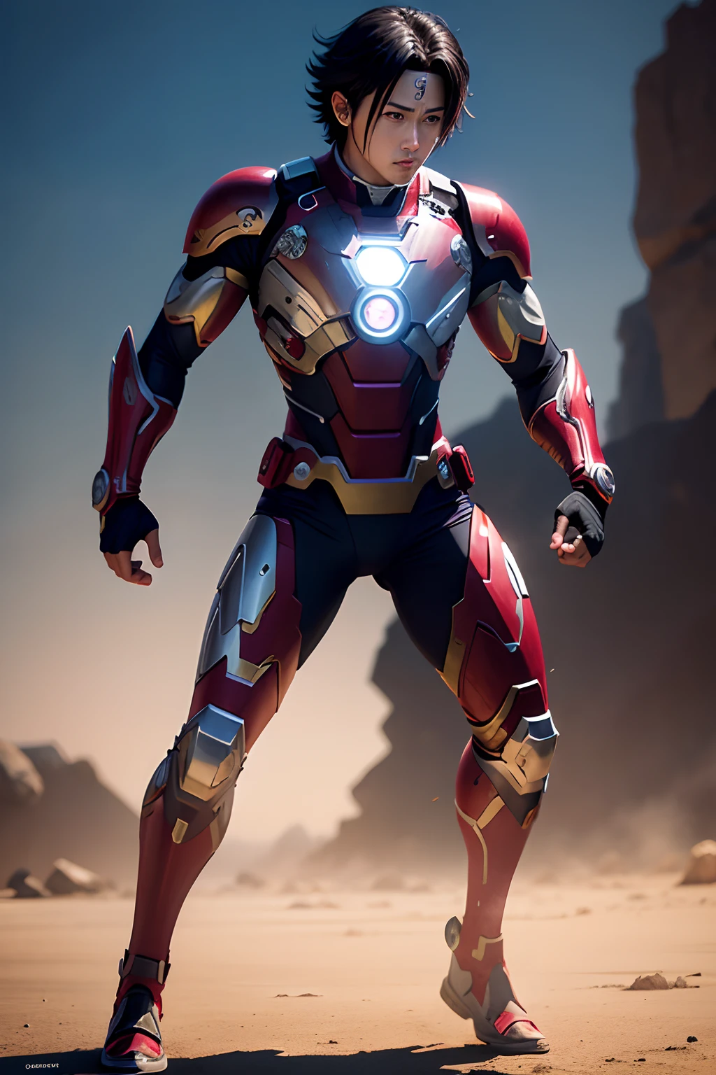sasuke as ironman, full body, solo, male, realistic, detailed, perfect lighting, perfect shadow, perfect body, perfect picture, Super High Resolution, (Realism: 1.4), Original Photo, Best Quality, Masterpiece, Cinematic Experience
