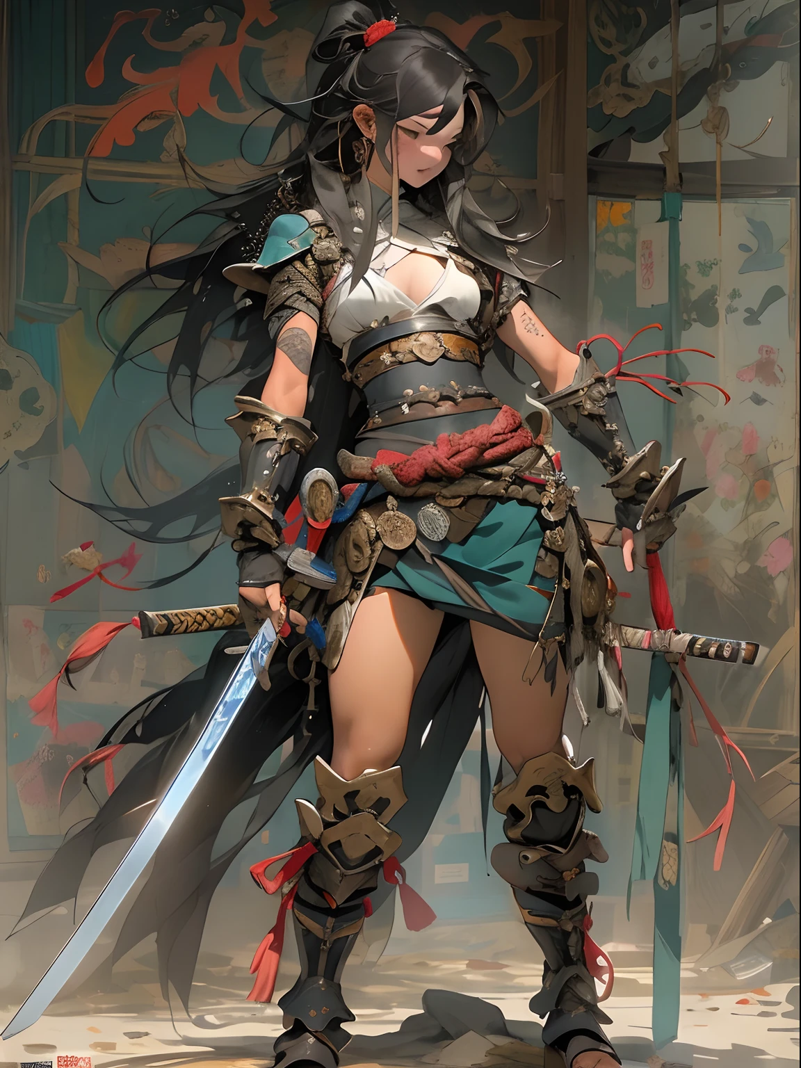(((woman))), (((best qualityer))), (((tmasterpiece))), (((AS-Adult))), ((( Japanese ))), Look up from your knees, A beautiful asian samurai woman with perfect body, Modern samurai, ((( Asian))), Wear gloves on your hands,The left arm is made of steel and metal tips,Made of protective devices, The eyes are pulled, (( Appears below the breast )), (( Small dental floss )), Simon Bisley, Almost naked(Simon Bisley)Castle City Wilderness,For high-resolution posters, hair straight, Minimum clothing, armure (Crazy clothes ), Full of tips and rivets, tribal tattoos, (((full bodyesbian))), Straight brunette hair,Colored hair ends