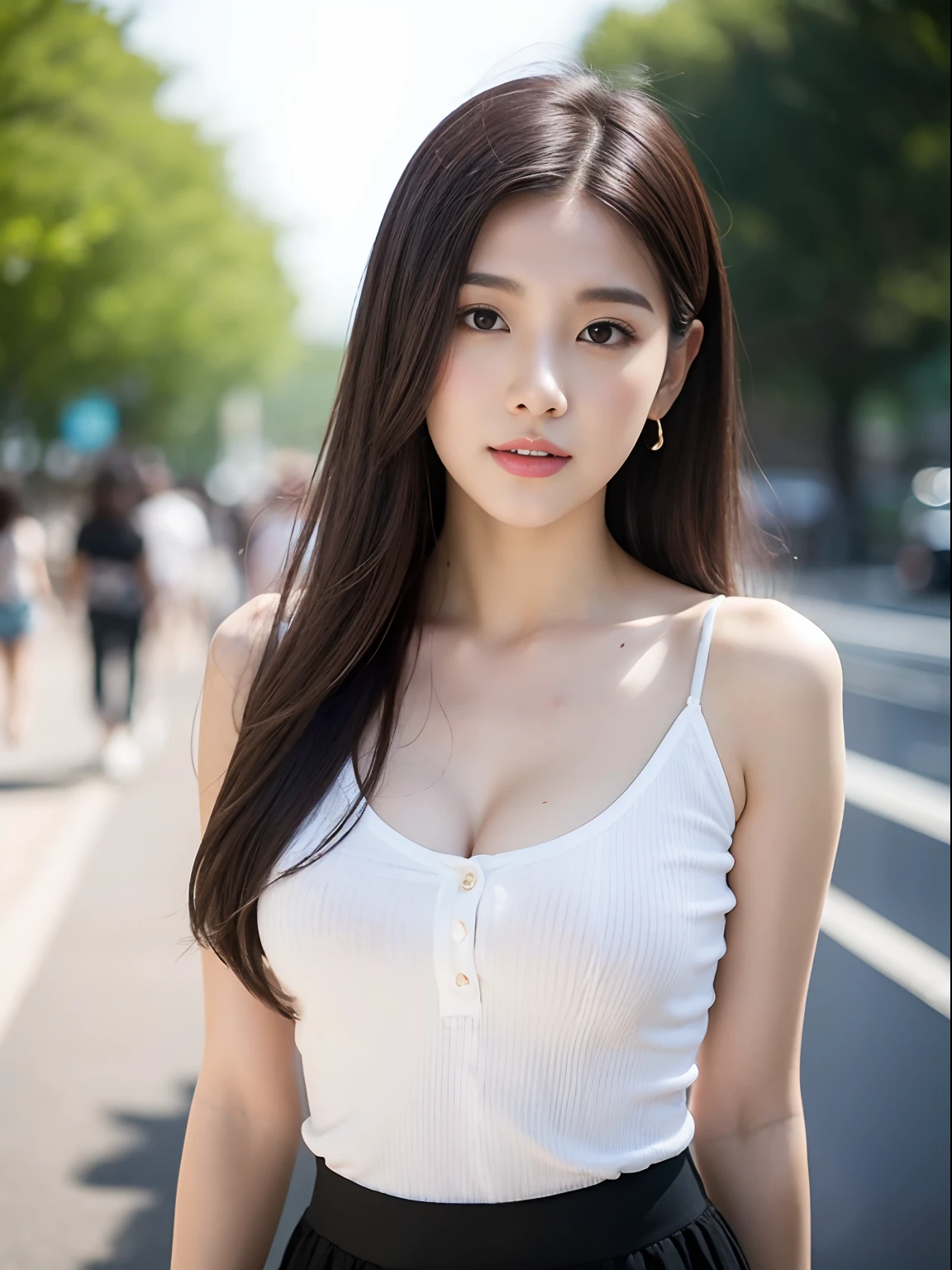 Beautiful Korean woman in black tight skirt and pale pink top、 wearing tight shirt, Korean Girl, Engaging pose, Tight shirt, Korean Idol, tight outfit, beautiful Korean women, Wearing tight simple clothes, sexy  pose, Sexy looks、 tight outfit, Very attractive and beautiful, Gorgeous young Korean woman, pale-skinned、top quality photo、hight resolution、1080p、(clearface)、(Detailed face description)、(Detailed hand description)、 (​masterpiece), (Exquisite CG), extreme light and shadows, dishevled hair, ​masterpiece, lush detail, (Fine facial features), (Highest Quality Photos), (​masterpiece), (finely eye), Look in front of you, Fine clavicle, Colossal tits、Shot from a distance、Full-body photos、