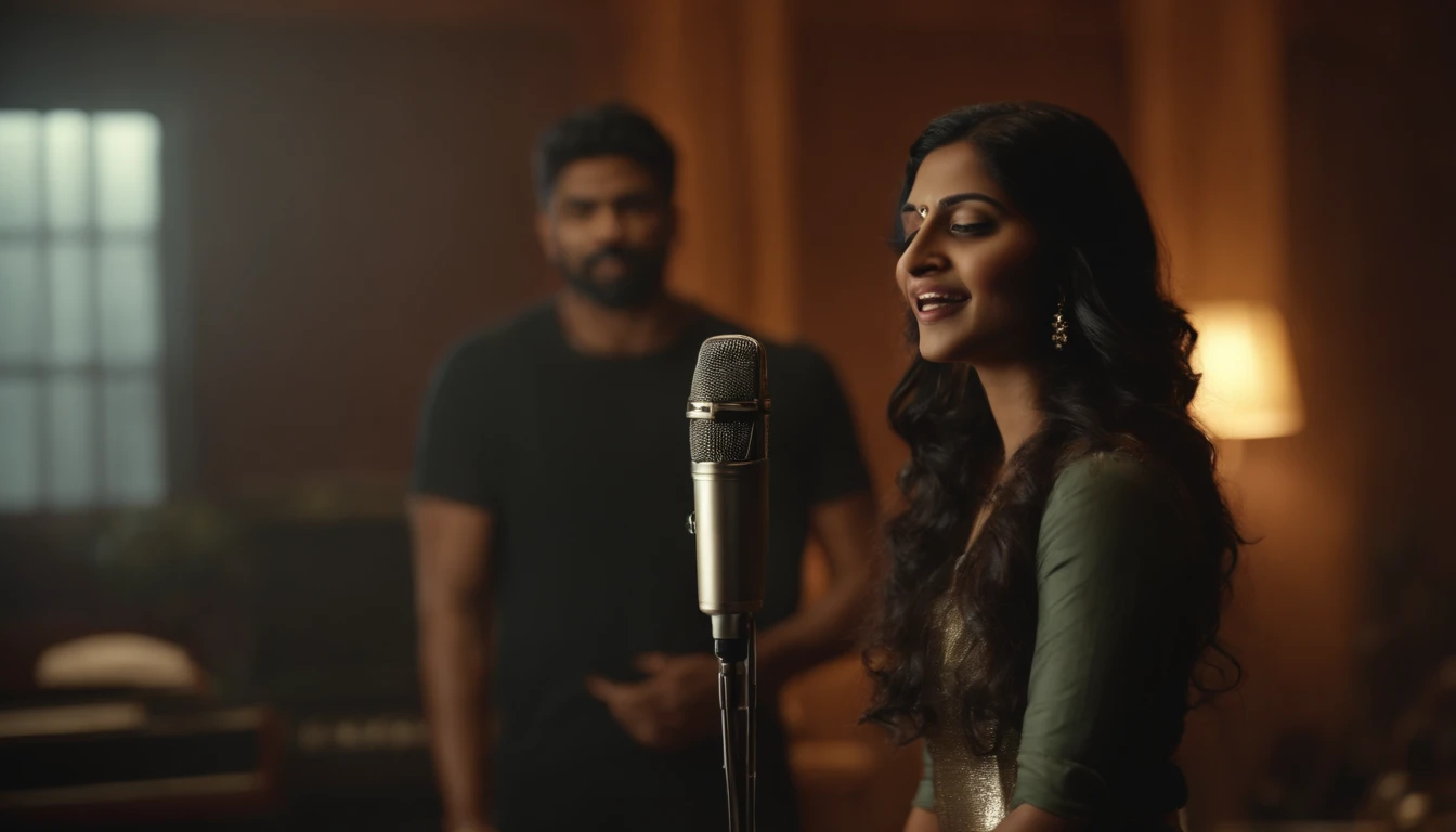 Male and female singer, singing studio, indian look, 25yo. High definition, real human, hyper realistic human, mid shot full body view,