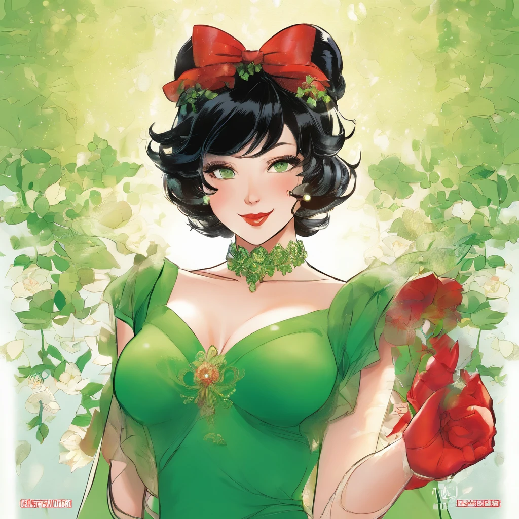 emerald tiara, Green Pearl Necklace, Boyish very short black hair, lipsticks, Japan woman smiling, Long green gloves made of satin material, very short short hair, Guts Pose, Green eyes, big breasts beautiful, Green Pearl Necklace, Green dress
