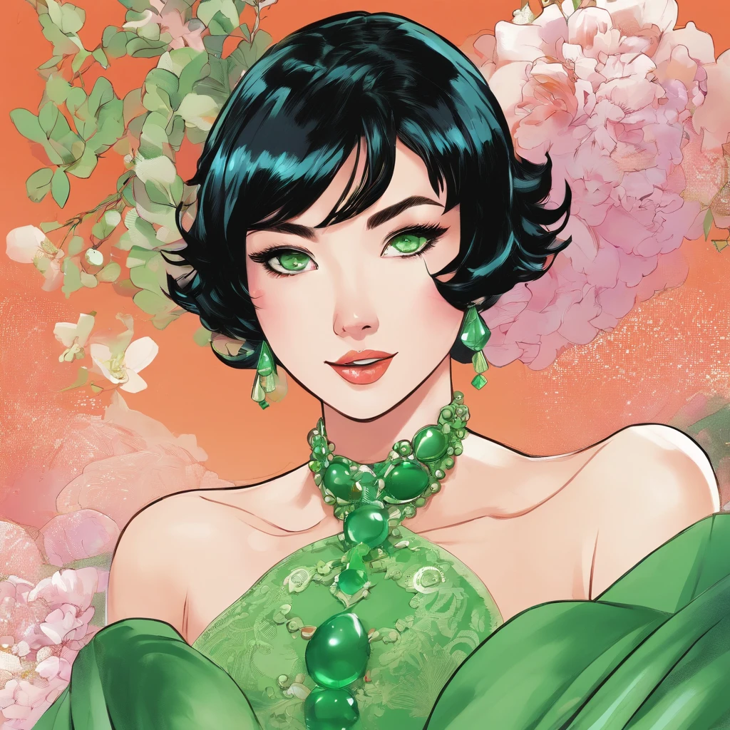 emerald tiara, Green Pearl Necklace, Boyish very short black hair, lipsticks, Japan woman smiling, Long green gloves made of satin material, very short short hair, Guts Pose, Green eyes, big breasts beautiful, Green Pearl Necklace, Green dress