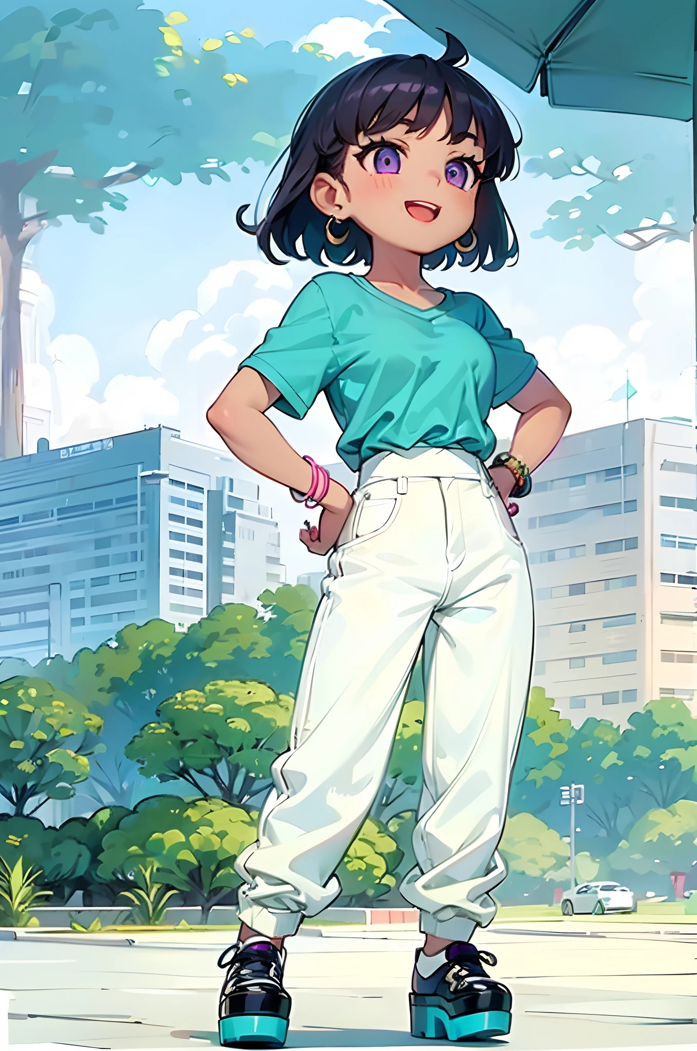 (Masterpiece, complete body!!, Good anatomy, 1:1), 1 woman, solo, adult, tanned skin, purple eyes, sexy, happy, shord black hair, egyptian haircut, medium breasts, aquamarine shirt, white pants, platform shoes!!, park, day.