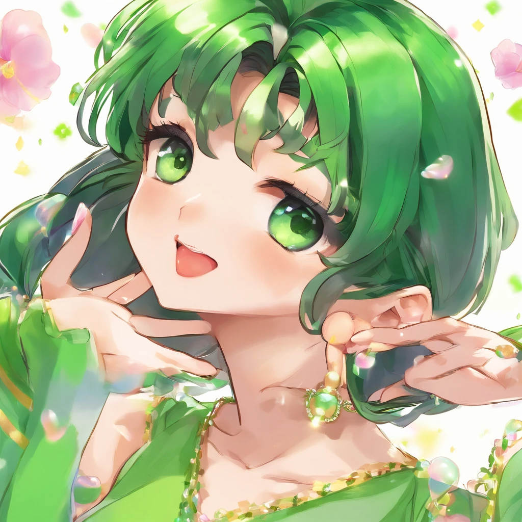 emerald tiara, Green Pearl Necklace, Boyish very short black hair, lipsticks, Japan woman smiling, Long green gloves made of satin material, very short short hair, Guts Pose, Green eyes, big breasts beautiful, Green Pearl Necklace, Green dress