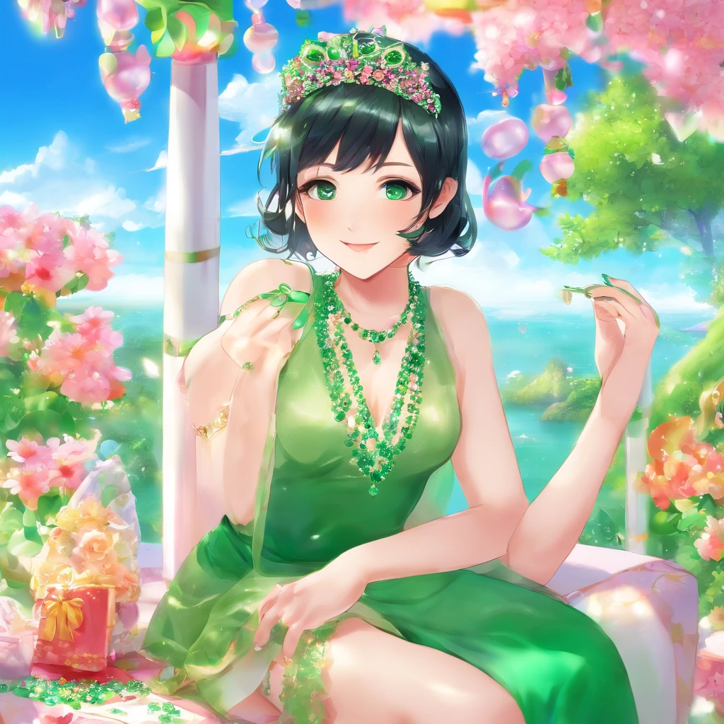 emerald tiara, Green Pearl Necklace, Boyish very short black hair, lipsticks, Japan woman smiling, Long green gloves made of satin material, very short short hair, Guts Pose, Green eyes, big breasts beautiful,  Green Pearl Necklace, Green dress