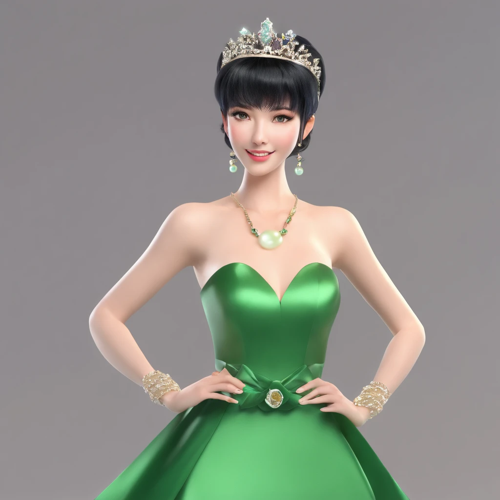 emerald tiara, Green Pearl Necklace, Boyish very short black hair, lipsticks, Japan woman smiling, Long green gloves made of satin material, very short short hair, Guts Pose, Green eyes, big breasts beautiful, Green Pearl Necklace, Green dress